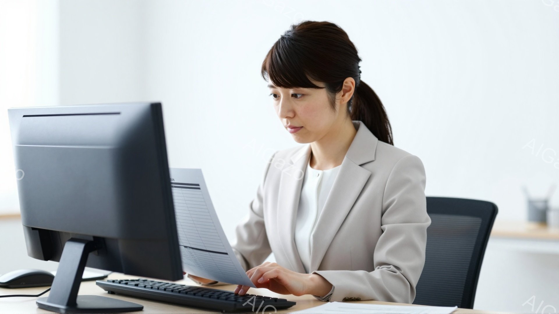 明るい髪を後ろでまとめた女性が、オフィスでパソコンに向かっている。ベージュのスーツに白いインナーを着用し、書類を片手にしながらキーボードを操作している。背景はシンプルなオフィスで、落ち着いた雰囲気である。