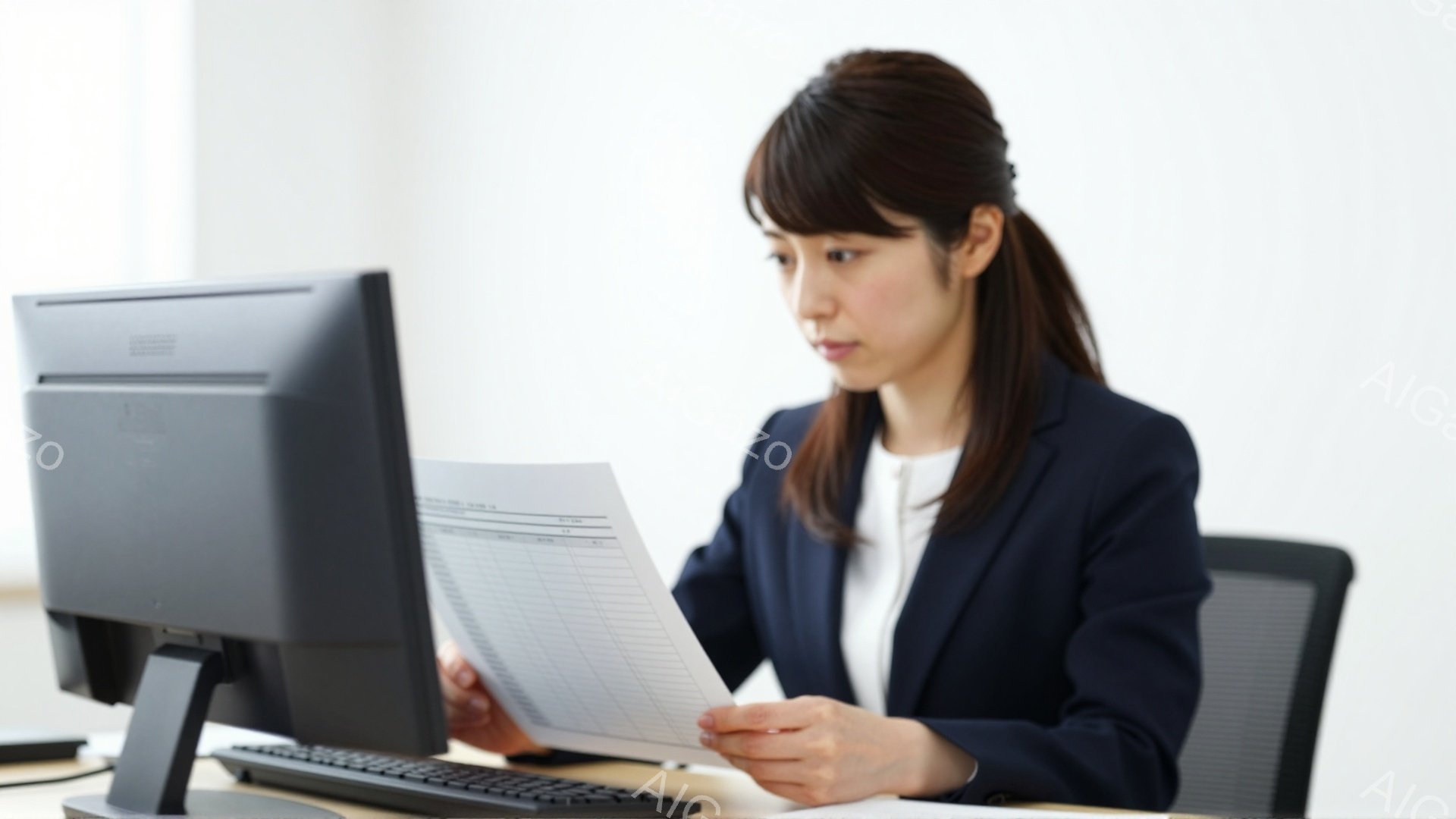 スーツを着た女性が、パソコンの前に座って書類を見ている。彼女は黒髪で、後ろで一つにまとめている。真剣な表情で、書類に集中している様子が伺える。