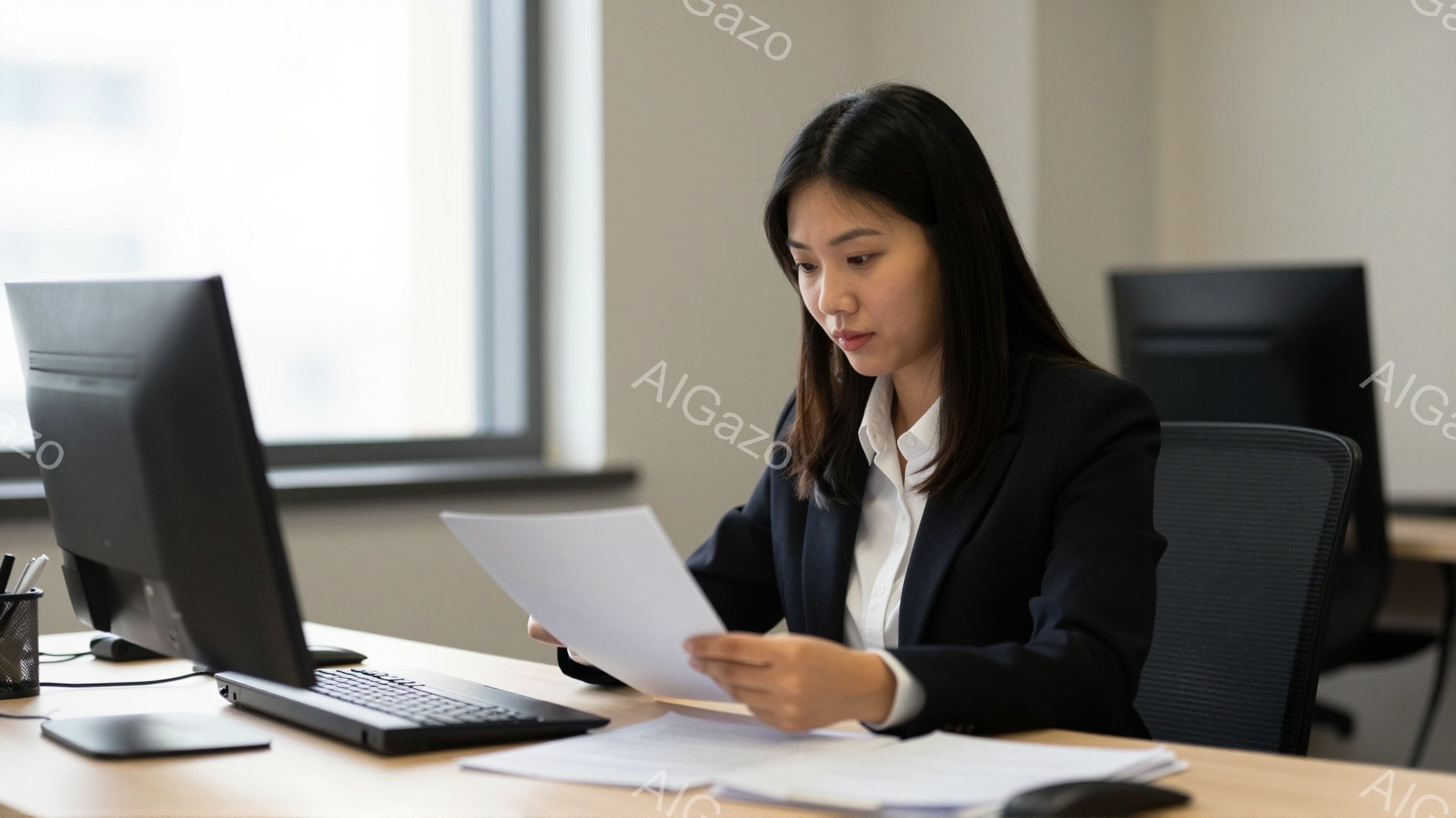 黒いスーツに白いシャツを着た女性が、オフィスで書類を手に持っています。彼女は真剣な表情で書類を読み、姿勢はわずかに前かがみです。背景にはコンピューターモニターとオフィスチェアが見え、全体的に落ち着いた - AI生成フリー素材