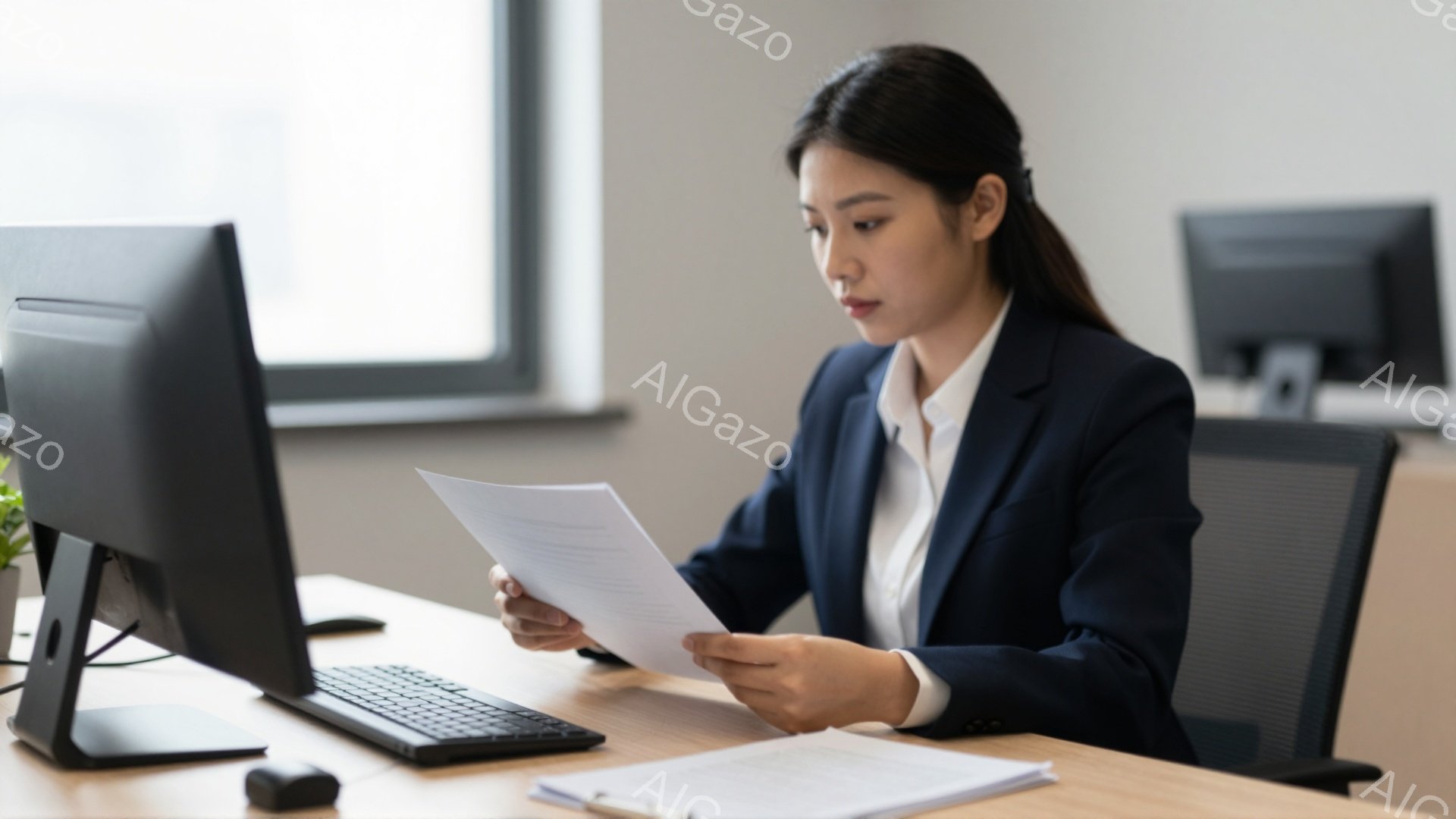 スーツを着た女性がオフィスで書類を読んでいます。彼女は黒髪を後ろでまとめ、真剣な表情で書類に目を落としています。背景にはパソコンやオフィス家具が見え、明るく清潔感のある雰囲気です。 - AI生成フリー素材