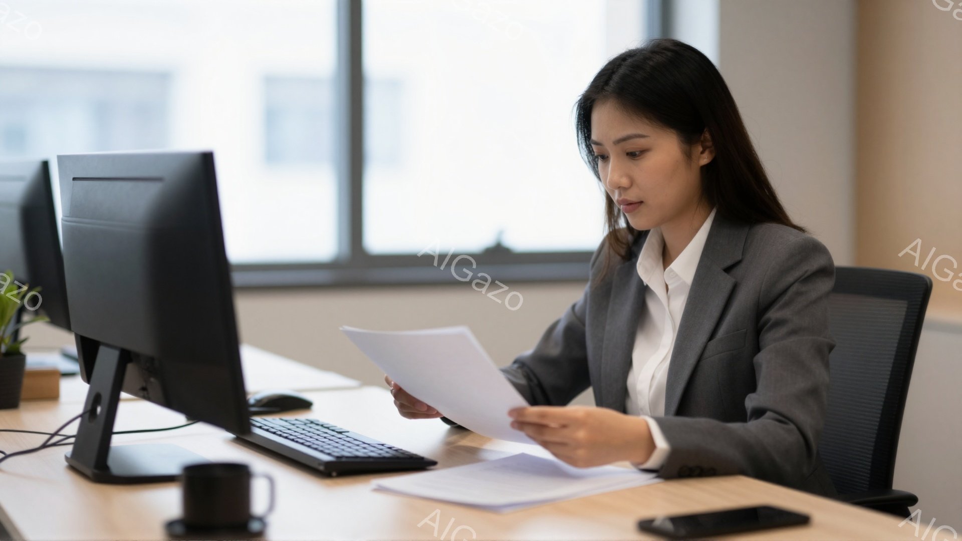 画像は、オフィスで書類を読む女性を捉えています。彼女はグレーのスーツに白いシャツを着ており、長い黒髪を背中に垂らしています。彼女は集中した表情で書類を見つめ、机に座って前かがみになっています。