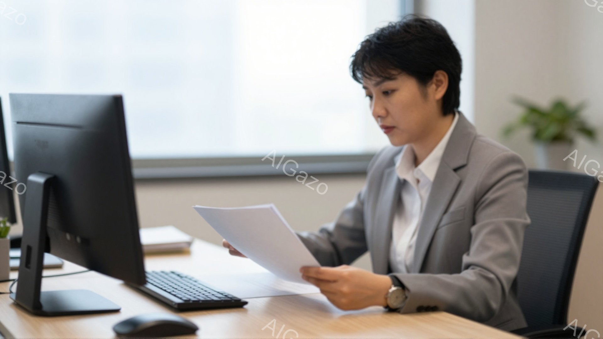 スーツを着た男性が、オフィスで書類を手にしている様子が写っています。彼は真剣な表情で書類を読み込み、姿勢は背筋が伸びていて集中していることが伺えます。背景にはパソコンや植物が見え、オフィスは明るく清潔な印象です。