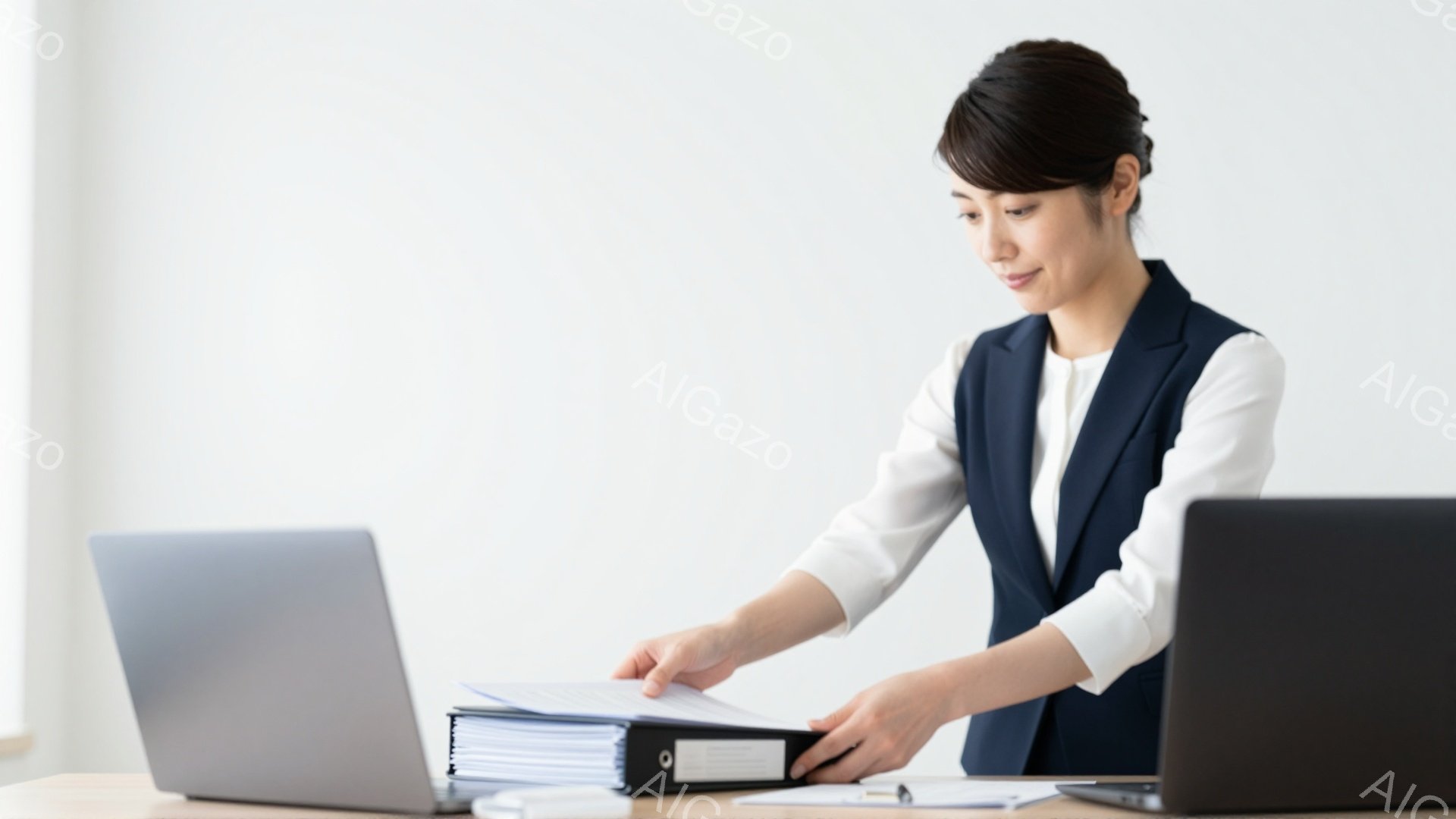 女性は白いブラウスに濃い青のベストを着用し、きっちりと髪を後ろにまとめている。彼女はバインダーを開いて書類を調べており、真剣な表情で集中しているようだ。背景にはノートパソコンが2台置かれ、オフィスや書斎のような落ち着いた空間が広がっている。
