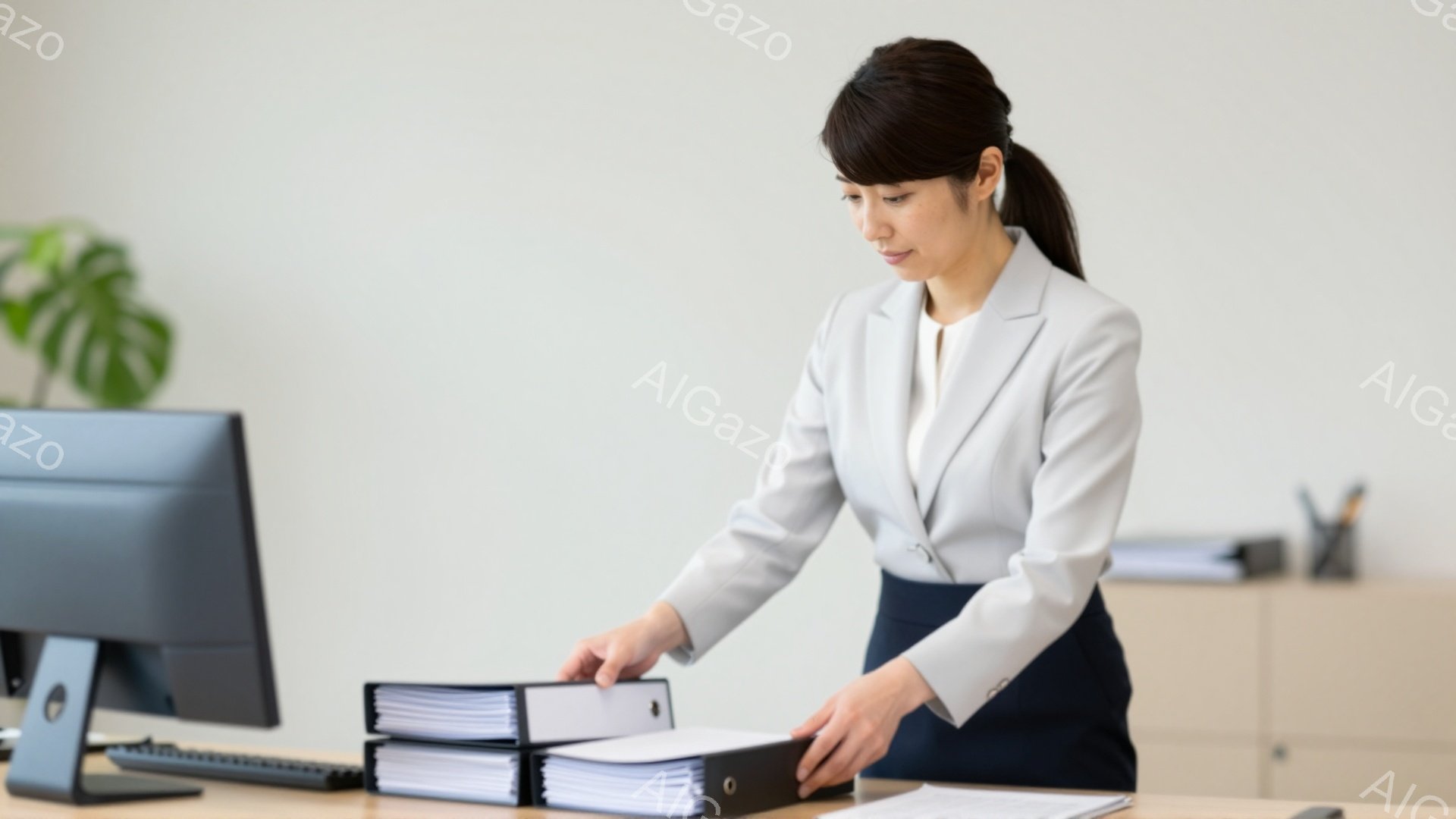 白いブラウスにグレーのジャケットと黒のスカートを着用した女性が、書類をまとめたファイル３冊を手にしている。彼女は少し前かがみの姿勢で、丁寧にファイルを整理している様子で、真剣な表情をしている。背景には、コンピューターと観葉植物があり、オフィスの一角であることがわかる、落ち着いた雰囲気の室内だ。