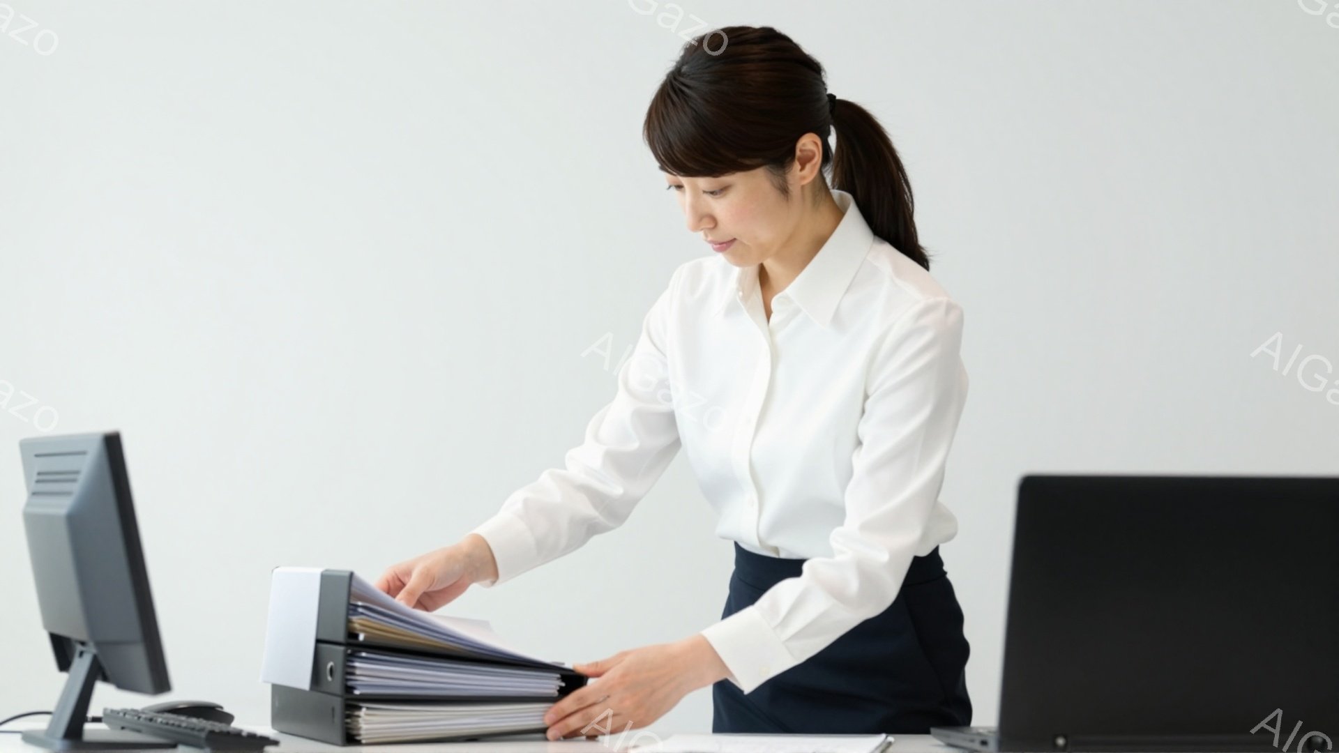 白いブラウスと紺色のスカートを着用した女性が、書類が入ったファイルを手で持っています。彼女は黒髪を後ろで一つにまとめ、やや真剣な表情でファイルを確認しているようです。背景にはパソコンや電話機が見え、オフィスの一角で仕事をしている様子が伺えます。