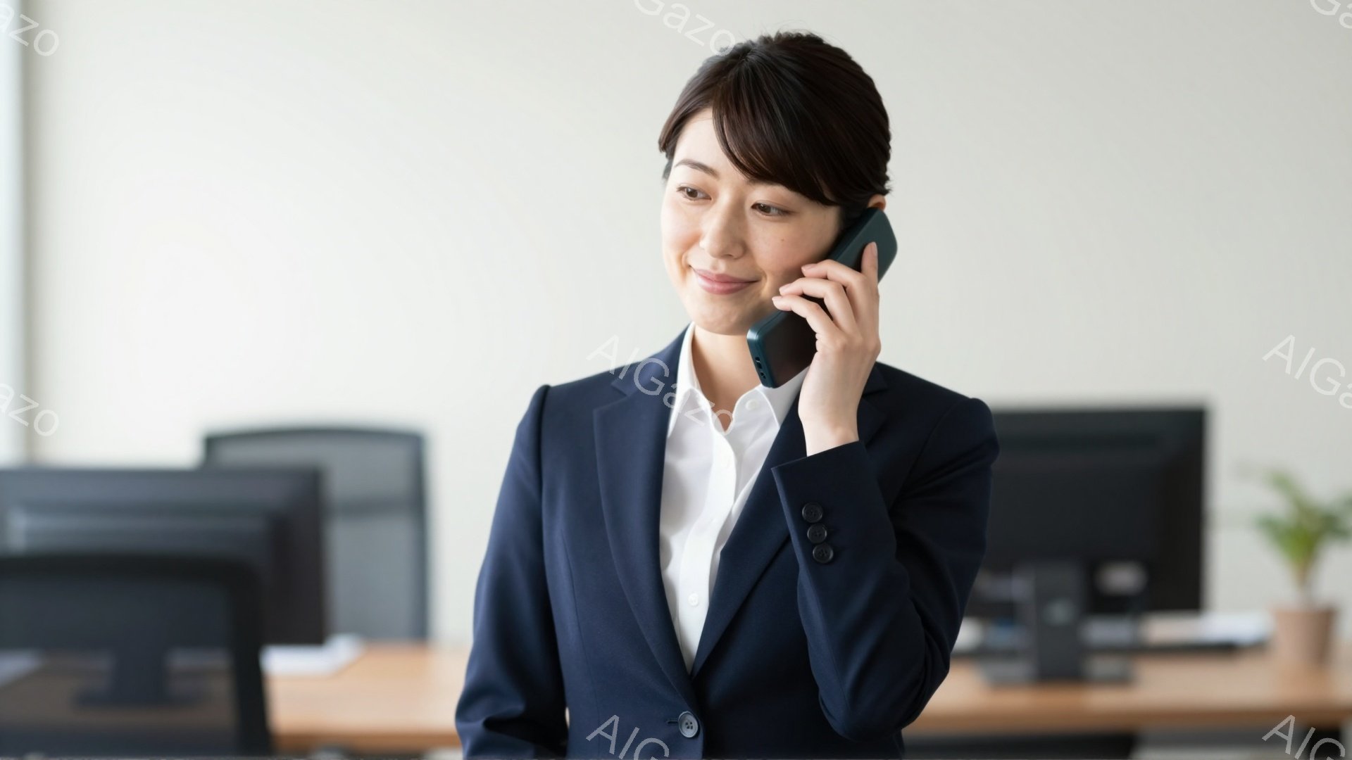 画像には、紺色のスーツに白いシャツを着た女性が映っています。彼女は片手にスマートフォンを持って通話しており、少し微笑んでいる表情からは、会話が順調に進んでいる様子が伺えます。背景には、オフィスのような空間が広がり、デスクとモニターが見え、明るく清潔な雰囲気が漂っています。