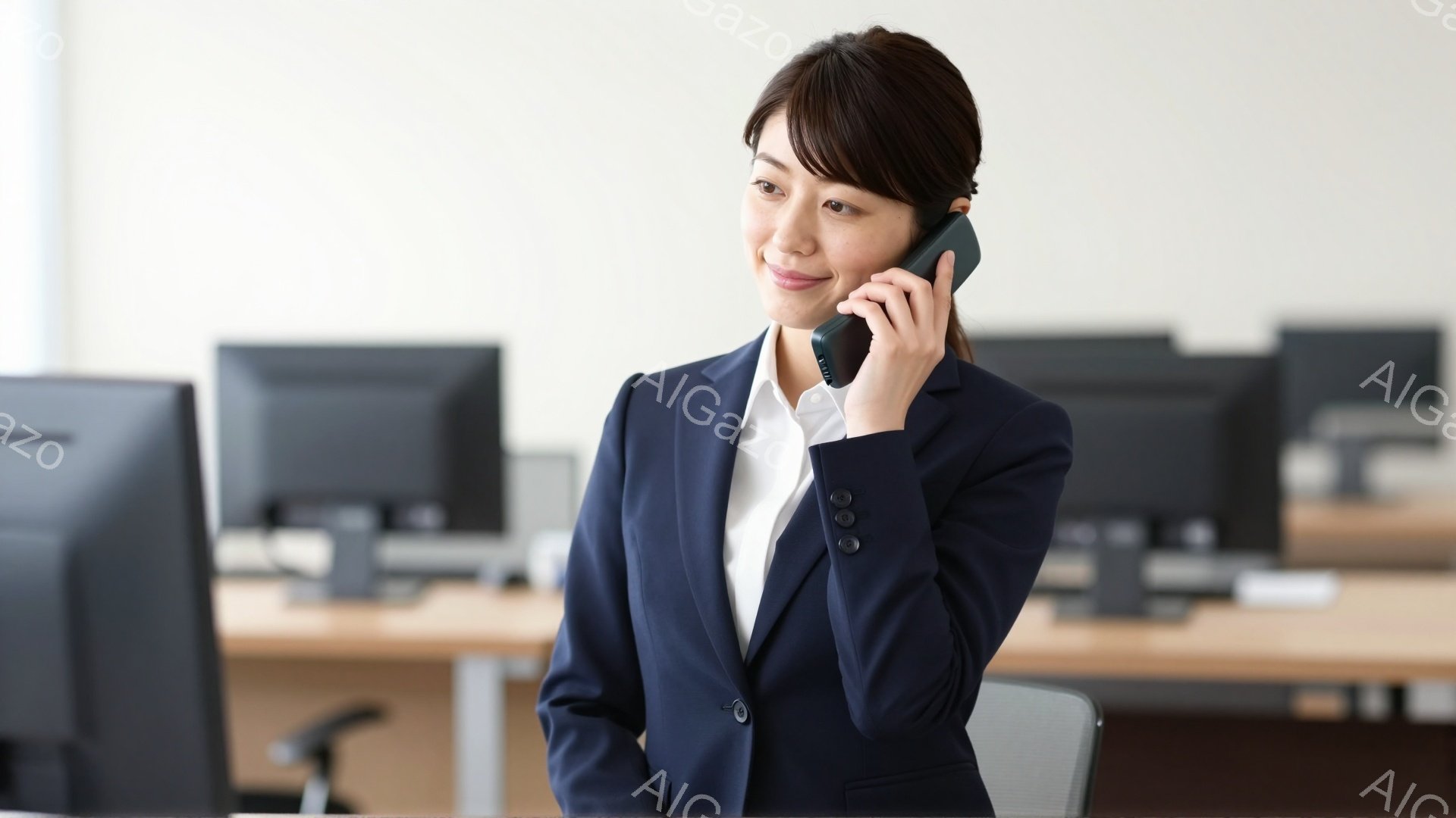 黒いスーツに白いシャツを着た女性が電話をしながら立っています。彼女は微笑んでおり、姿勢は軽く前かがみで、仕事に真剣に取り組んでいる様子が伺えます。背景には、コンピューターが並んだオフィスがあり、明るく - AI生成フリー素材
