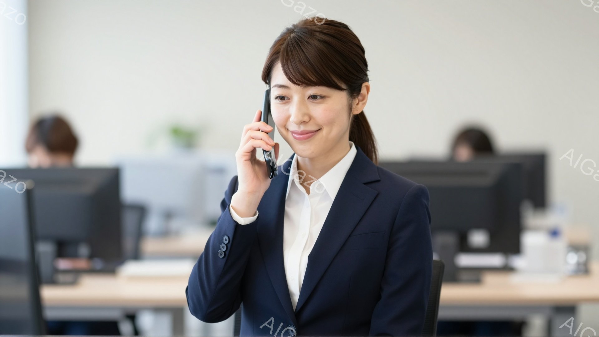 画像には、紺色のスーツに白いシャツを着た若い女性が映っています。彼女は少し微笑みながら電話をしており、姿勢はきちんと座っています。背景にはオフィスらしき場所が見え、他の従業員やコンピューター、そして水筒などがわずかに写っています。