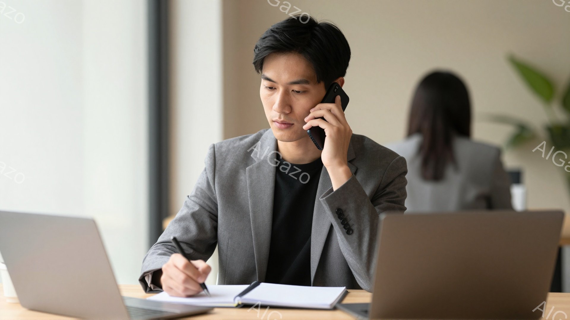 若い男性が電話で話しながら、ノートに何か書き込んでいる様子が写っている。彼は黒いTシャツにグレーのジャケットを着ており、髪は短く整えられている。背景にはぼやけた女性と、植物、そして明るい自然光が入るオフィスのような空間が広がっている。