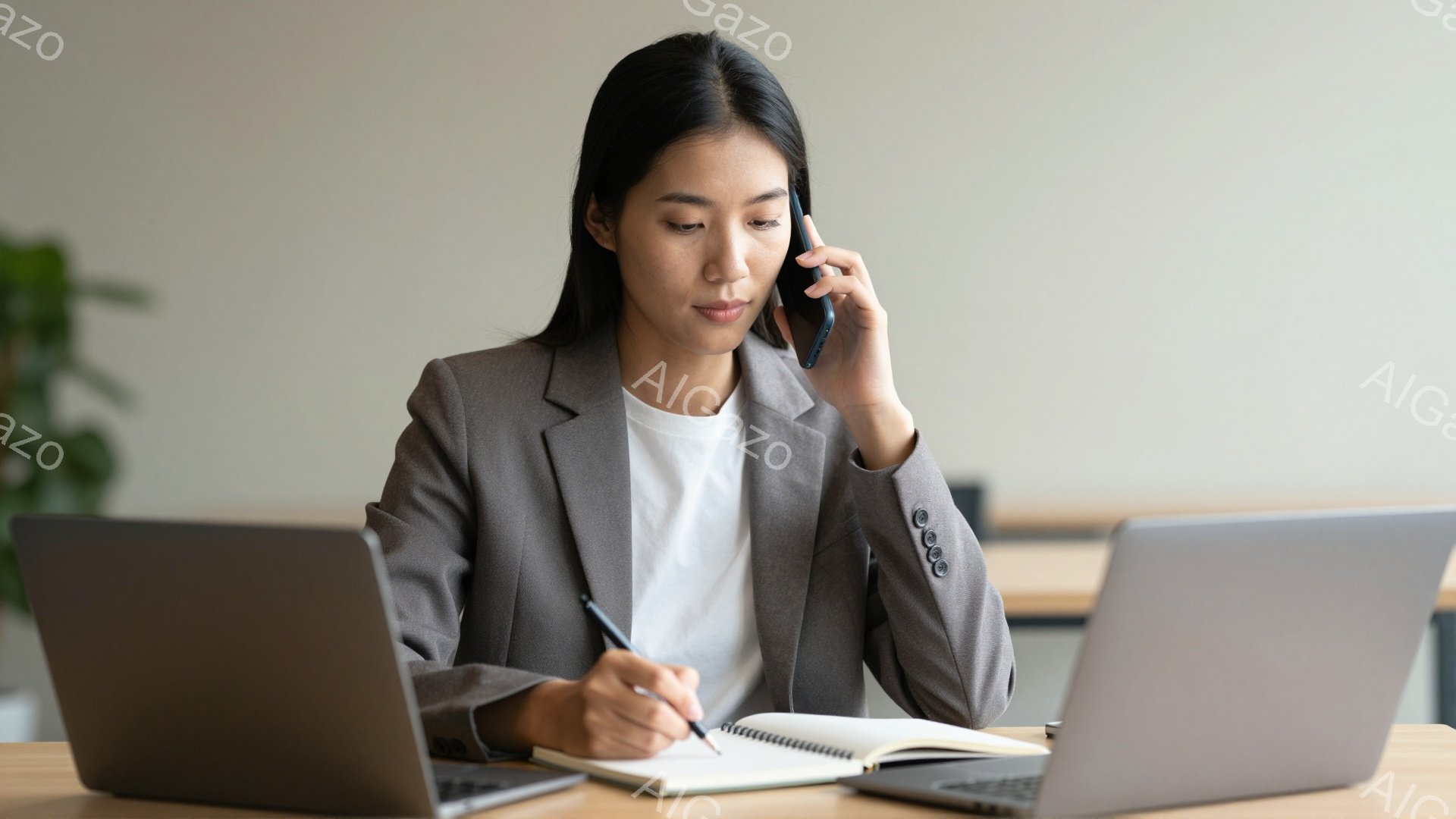 彼女はグレーのスーツジャケットと白いTシャツを着ており、黒髪を後ろでまとめています。彼女はノートに何かを書き込みながら、スマートフォンで通話をしており、真剣な表情を浮かべています。背景には、ラップトップと、ぼやけたオフィススペースが見え、集中した雰囲気です。
