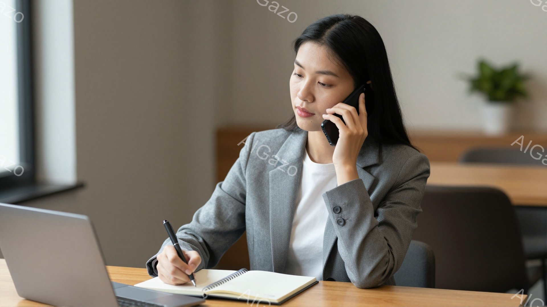 黒髪をセンターパートにした女性が、グレーのスーツジャケットと白いインナーを着て、電話で会話しながらノートに何かを書き込んでいる。彼女は真剣な表情で、集中して話を聞いている様子がうかがえる。背景には、明るい木製のテーブルとノートパソコン、そして緑の植物が見え、オフィスや勉強部屋のような穏やかな雰囲気が感じられる。