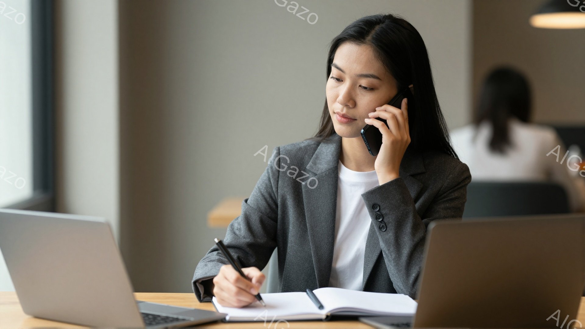 若い女性が電話をしながらノートにペンで書き込んでいる。彼女は白いTシャツの上にグレーのブレザーを着ており、髪は後ろでまとめてある。背景には、ぼやけたオフィスやカフェのような空間が見え、明るい木製のテーブルが配置されている。