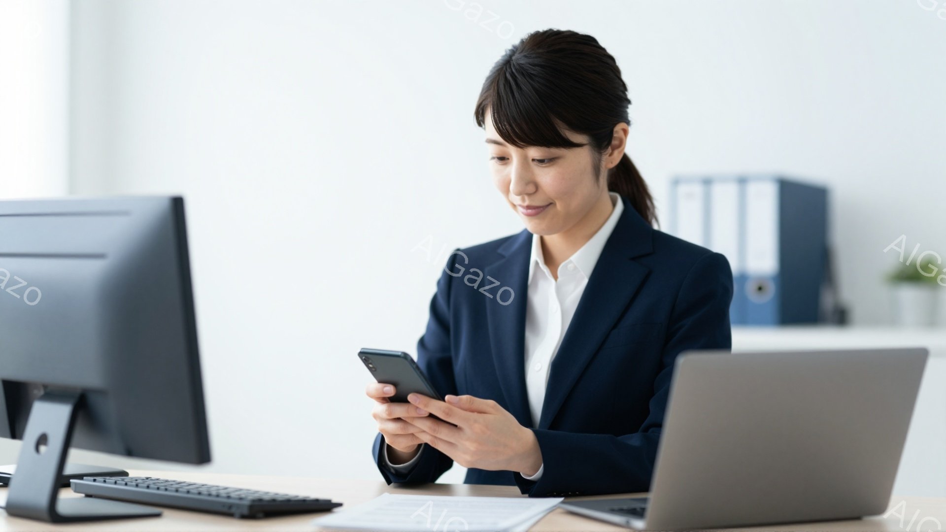 スーツを着た女性が、オフィスでスマートフォンを操作している。彼女は黒髪を後ろでまとめ、微笑みを浮かべている。背景には、デスクトップパソコン、ノートパソコン、書類、ファイリングキャビネットが写っており、明るく清潔なオフィス環境であることがわかる。