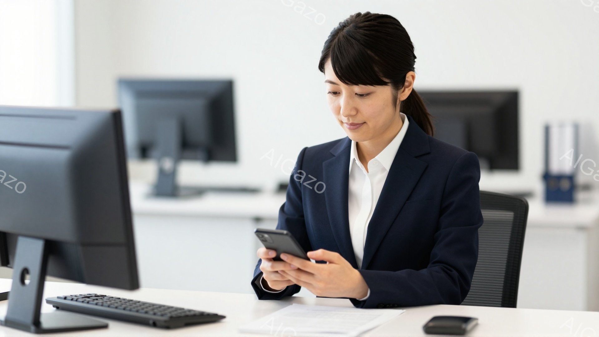 スーツを着た女性が、オフィスでスマートフォンを見ている。彼女は黒髪を後ろでまとめ、落ち着いた表情で画面に集中している。背景には他のパソコンや書類が写っており、オフィス全体は清潔で明るい雰囲気だ。