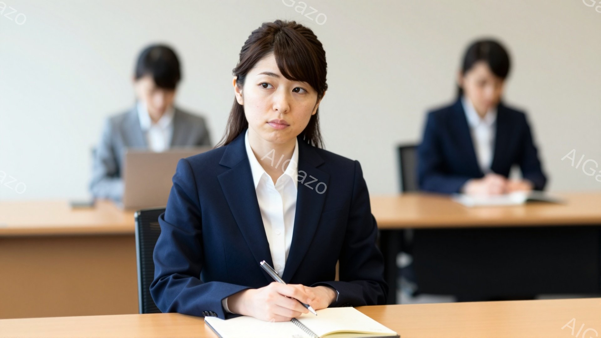 画像には、紺色のスーツを着た若い女性が写っています。彼女はノートにペンで何かを書き込んでおり、やや真剣な表情をしています。背景には、同様の服装をした別の女性がパソコンに向かって座っており、奥にはさらに別の女性がいます。