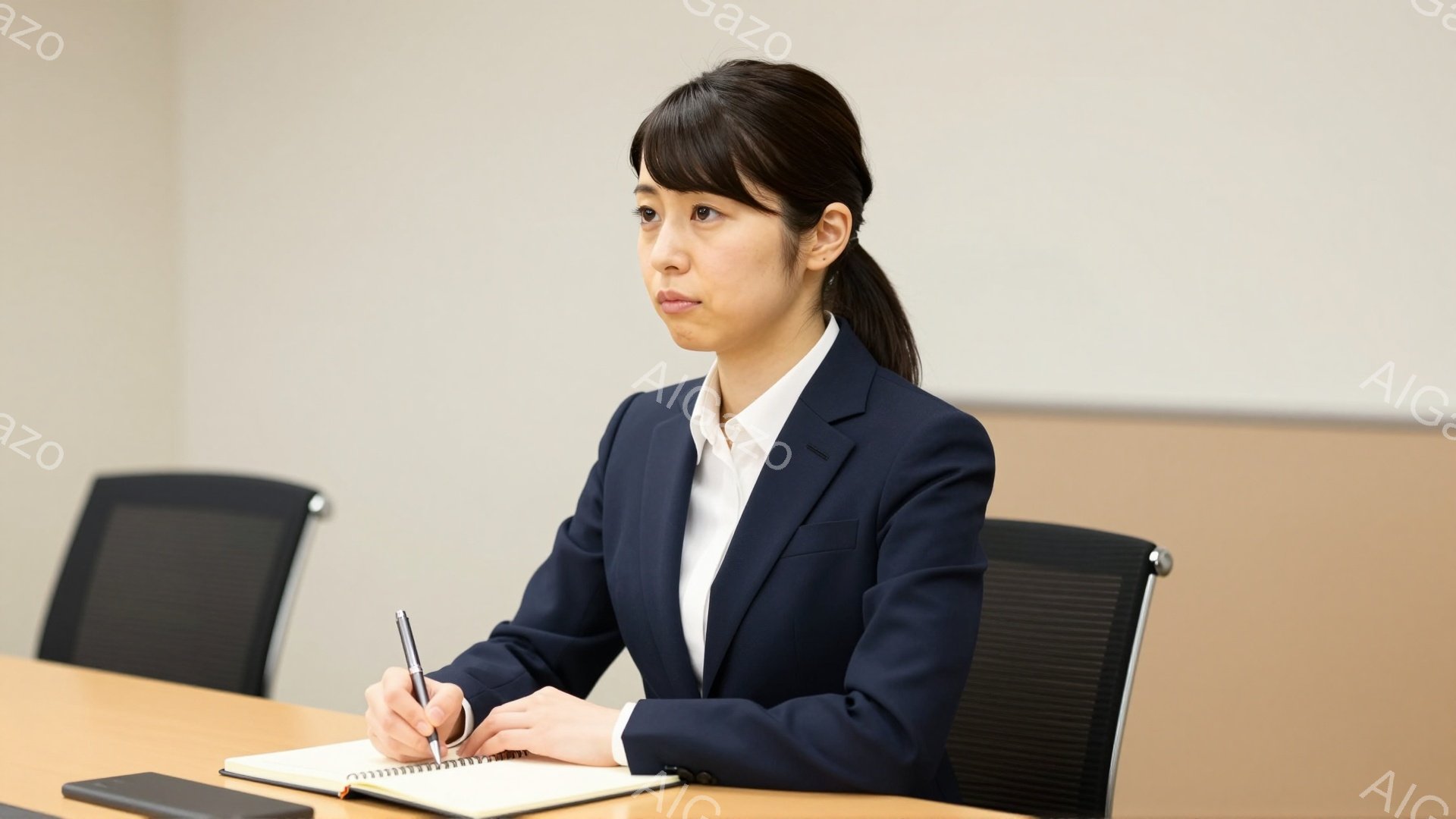 画像には、紺色のスーツを着た若い女性が写っています。彼女は椅子に座り、テーブルに置かれたノートにペンで何かを書き込んでいます。背景はシンプルな内装の部屋で、他の椅子も見え、全体的に落ち着いた雰囲気です。