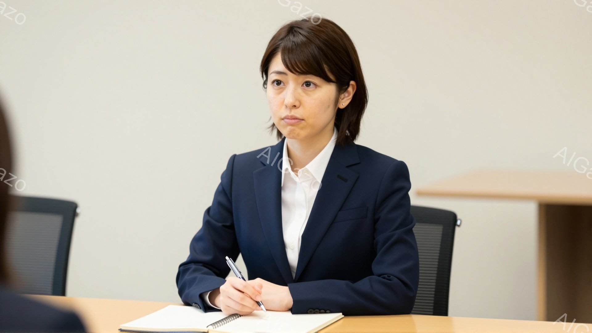 画像には、紺色のスーツに白いシャツを着た女性が写っている。彼女は黒髪を肩の高さで切り揃え、真剣な表情で何かを書き込んでいる。背景は明るい色の会議室で、木製のテーブルと黒い椅子が見える。