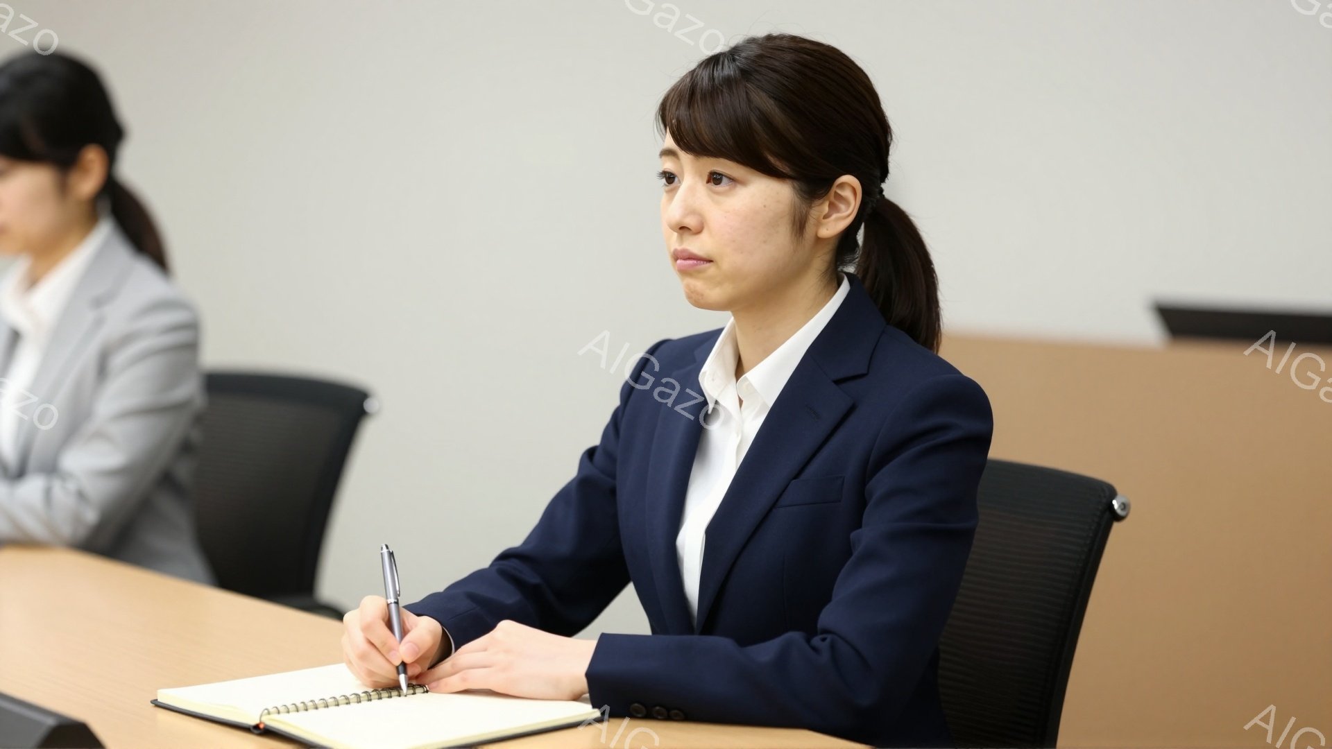 紺色のスーツに白いシャツを着た女性が、ノートに何かを書き込んでいる様子が写っている。彼女は髪を後ろで一つにまとめ、真剣な表情でペンを握っている。背景には別の女性と机、そして明るい室内がぼんやりと見え、全体的に落ち着いた雰囲気である。