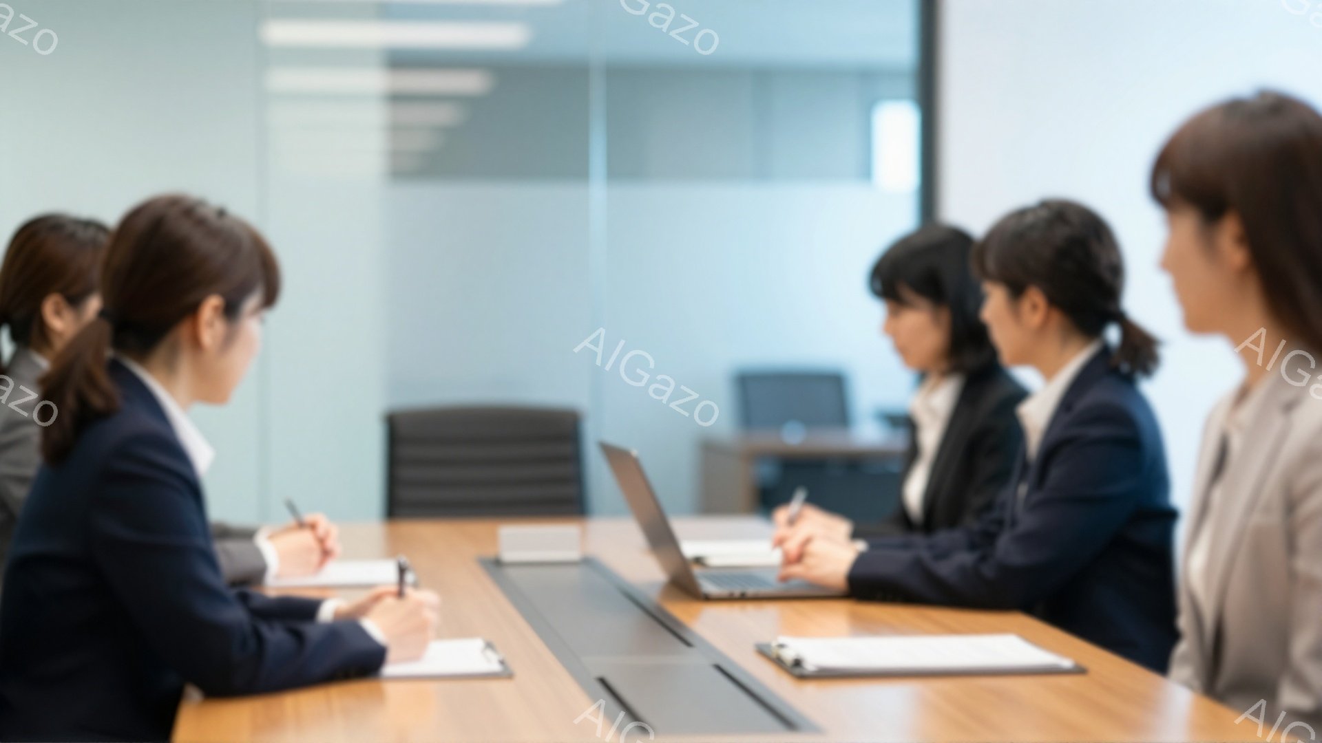 複数の女性がビジネススーツを着て、会議室のテーブルを囲んで座っています。彼女たちはメモを取りながら、またはラップトップに向かい集中している様子で、真剣な表情をしています。背景には、壁と別の席が見え、全体的に落ち着いた、プロフェッショナルな雰囲気が漂っています。