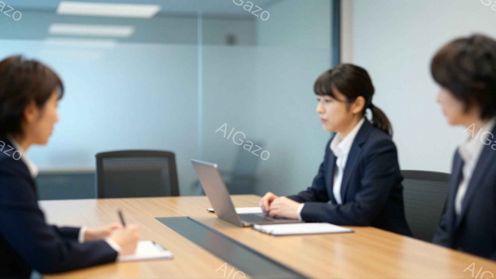 三人の女性が、明るい木製のテーブルを囲んで座っています。全員が紺色のスーツを着ており、一人はノートに何かを書き、真ん中の女性はラップトップパソコンを使用し、もう一人は正面を向いて少し緊張した表情をしています。背景はオフィスのような室内で、シンプルで清潔感があり、全体的に落ち着いたビジネスシーンです。