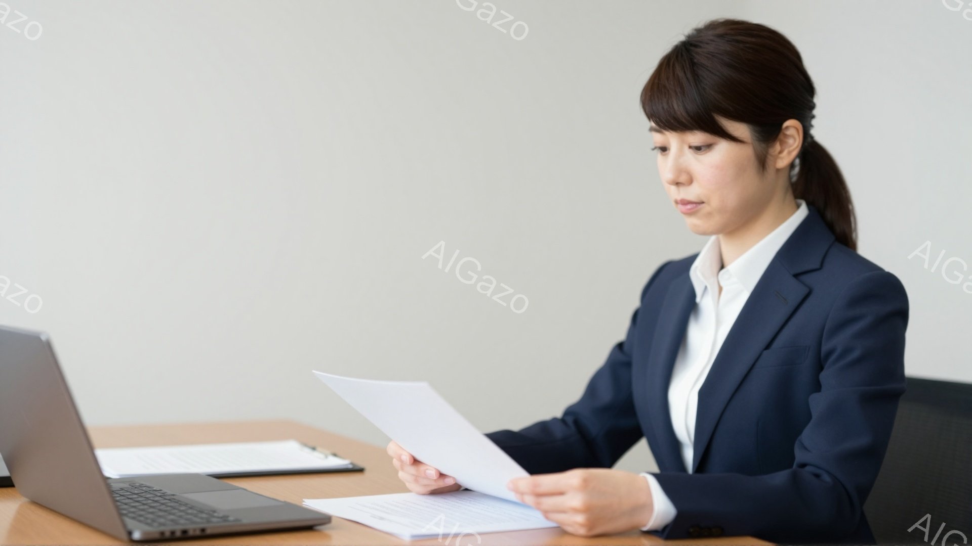スーツ姿の女性が、机の上にある書類を手に取り、注意深く確認している様子が写っています。彼女は黒髪を後ろで一つにまとめ、真剣な表情で書類に目を落としています。背景はシンプルなオフィス空間で、ベージュ色の壁と明るい光が特徴的です。