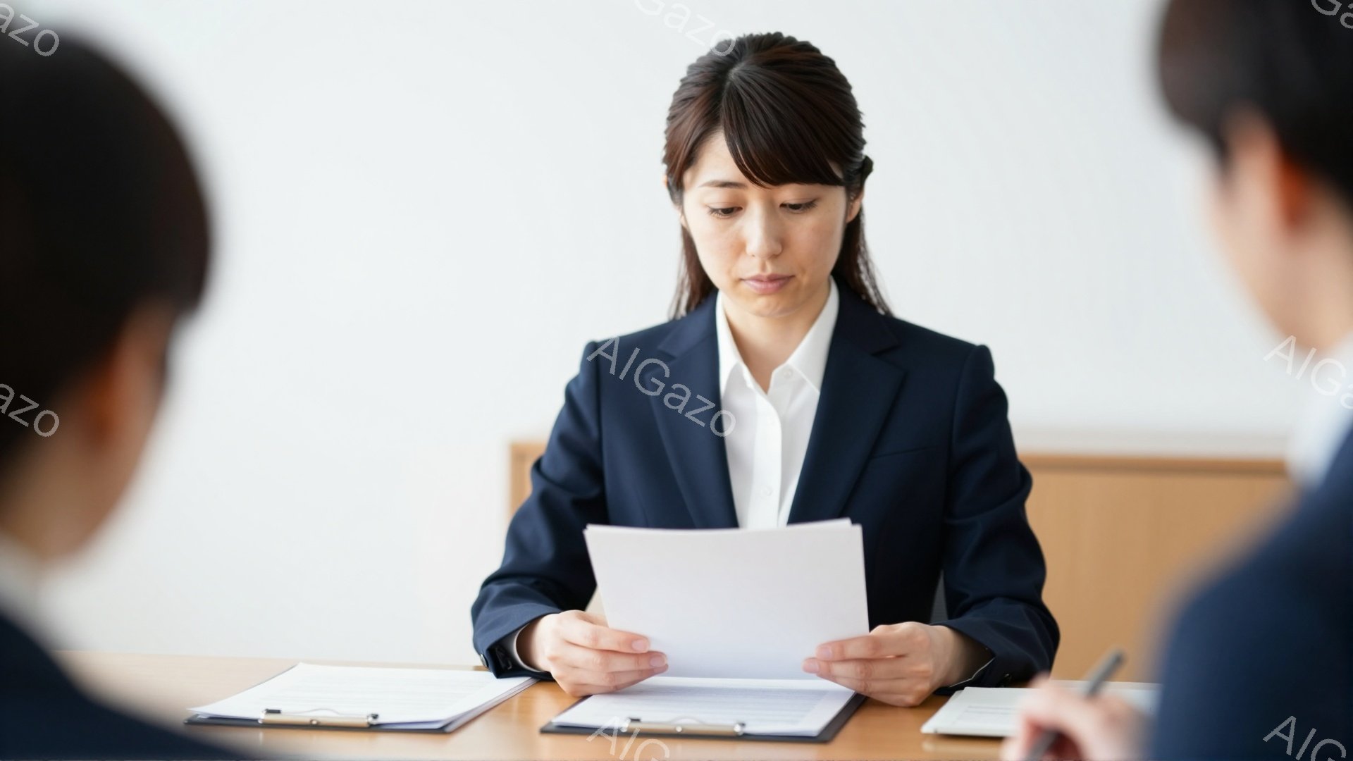 一人の女性が紺色のスーツに白いシャツ姿で、書類を手に持っている。彼女は真剣な表情で書類を読み、姿勢はまっすぐで落ち着いている。背景には木製のテーブルと、書類を準備していると思われる他の人物がわずかに見え、オフィスや面接のようなフォーマルな雰囲気が漂っている。