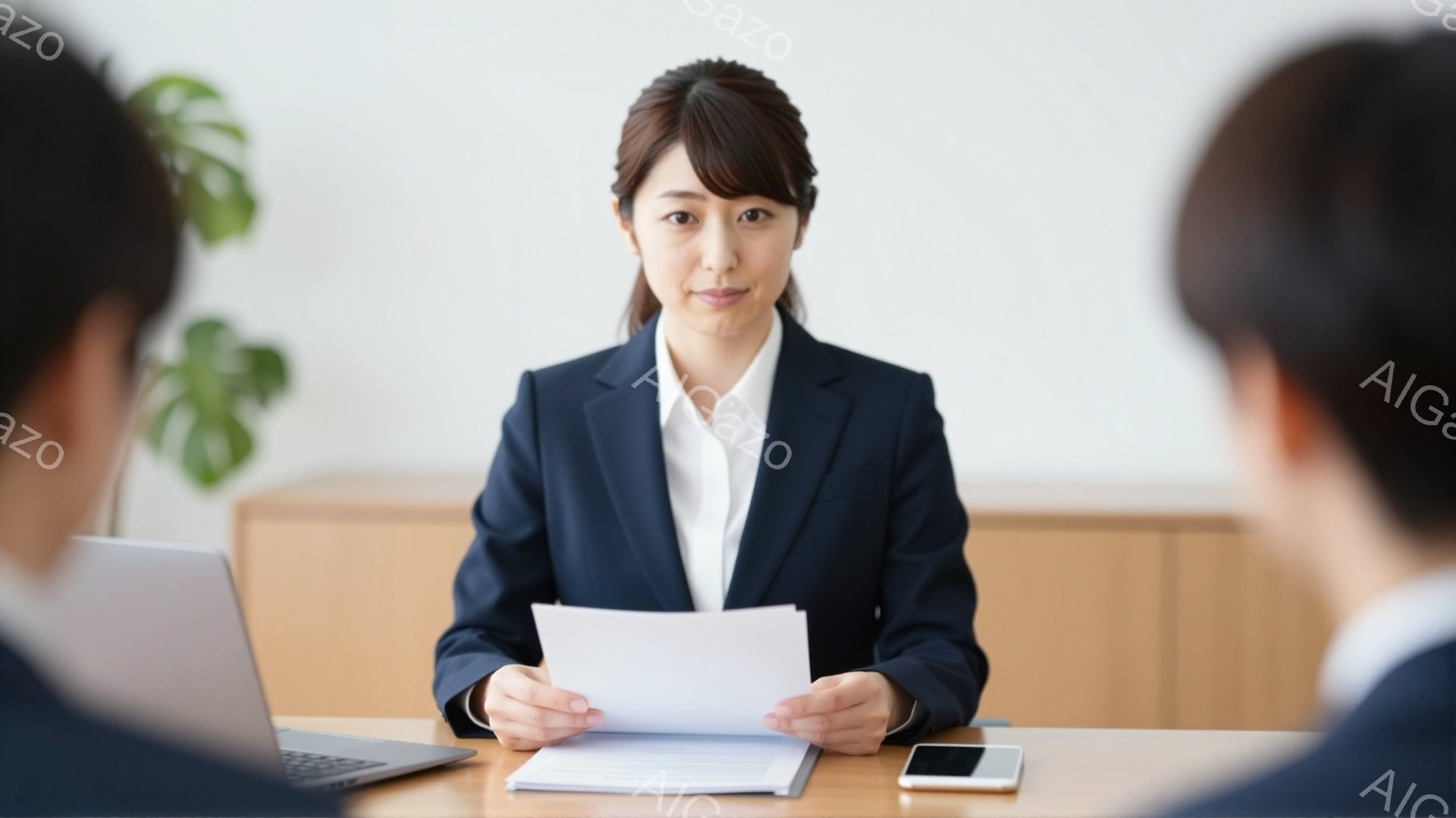 女性は紺色のスーツと白いシャツを着ており、髪は後ろでまとめている。彼女は書類を両手で持ち、穏やかで自信のある表情をしている。背景には木製のキャビネットと緑の植物が見え、明るく清潔なオフィスの一室のようである。