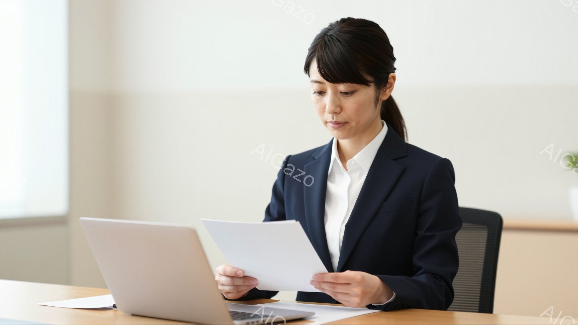 スーツを着た女性が、ノートパソコンと書類を見ながら座っている。彼女は黒髪で、前髪を少し横に流し、真剣な表情で書類を調べているようだ。背景は白く、オフィスの一室で、集中して仕事に取り組んでいる様子が伺える。