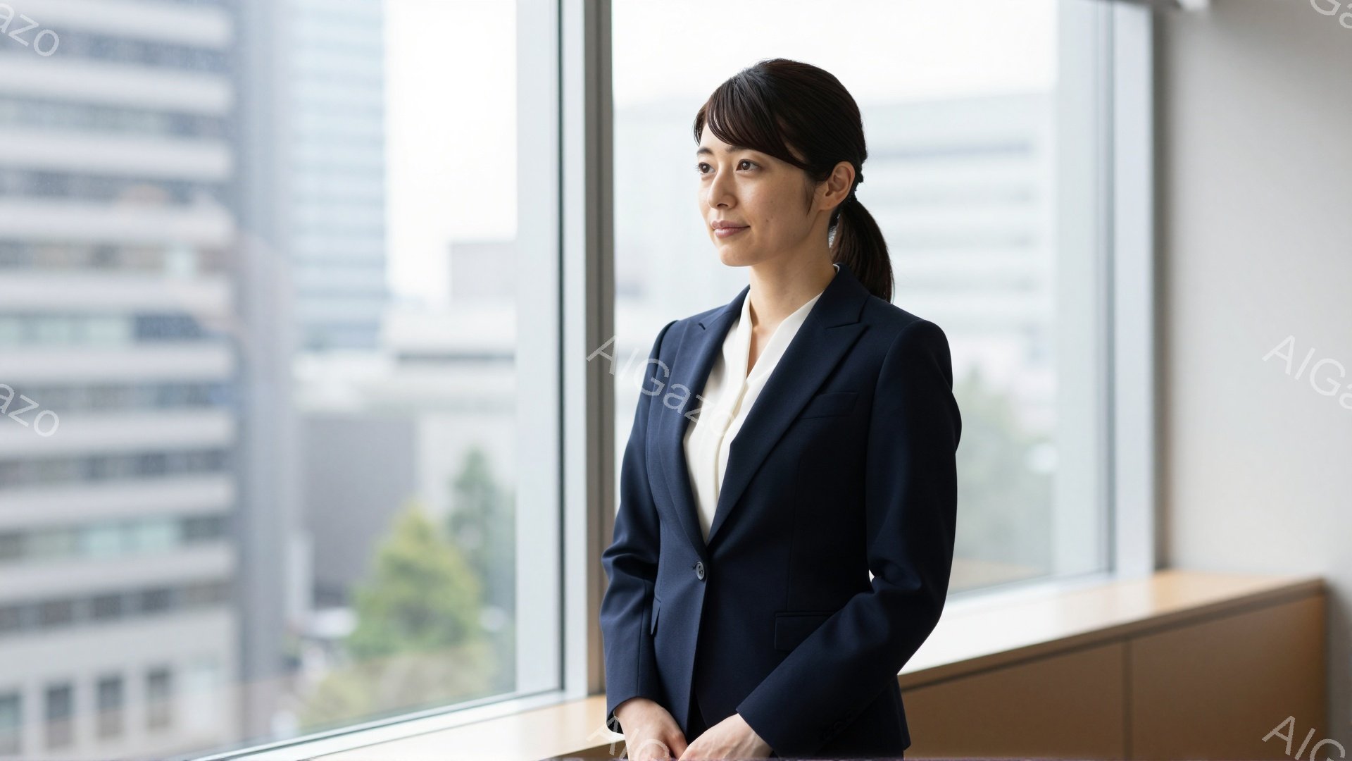 黒いスーツに白いブラウスを着た女性が、窓の外を見つめている。彼女は髪を後ろで一つにまとめ、落ち着いた表情で何かを考えているようだ。窓の外には高層ビル群とわずかな緑が見え、晴れた日のオフィス内であることがわかる。