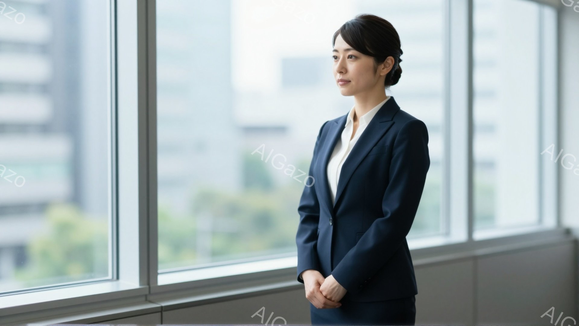 黒いスーツに白いブラウスを着た女性が、窓の外を見つめています。彼女は髪を後ろでまとめ、真剣で思慮深い表情をしています。背景には高層ビル群が広がり、穏やかな光が差し込み、落ち着いた雰囲気を作り出しています。