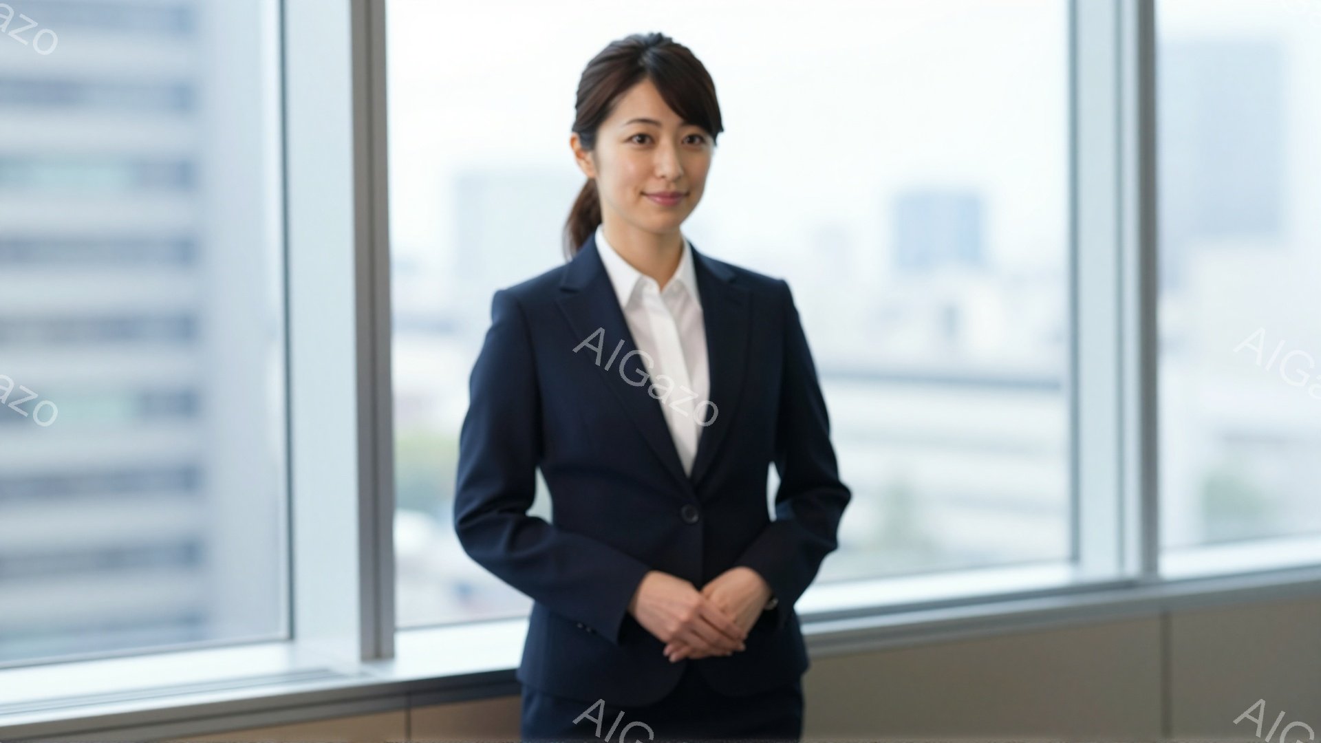 画像には、紺色のスーツに白いブラウスを着た女性が写っています。彼女は髪を後ろでまとめ、穏やかな笑顔で両手を前に組んでいます。背景には、高層ビルが見える窓があり、明るく清潔な印象を与えます。