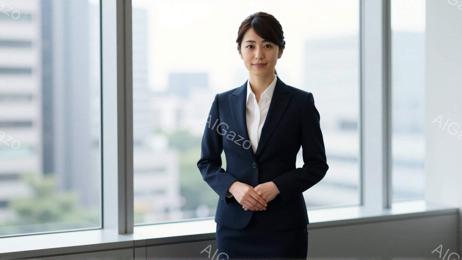 画像には、紺色のスーツを着た女性が写っています。彼女は髪を後ろにまとめ、穏やかな表情で、手を前に組み合わせて立っています。背景は大きな窓で、高層ビル群と緑豊かな木々が見え、明るく清潔な印象を与えます。