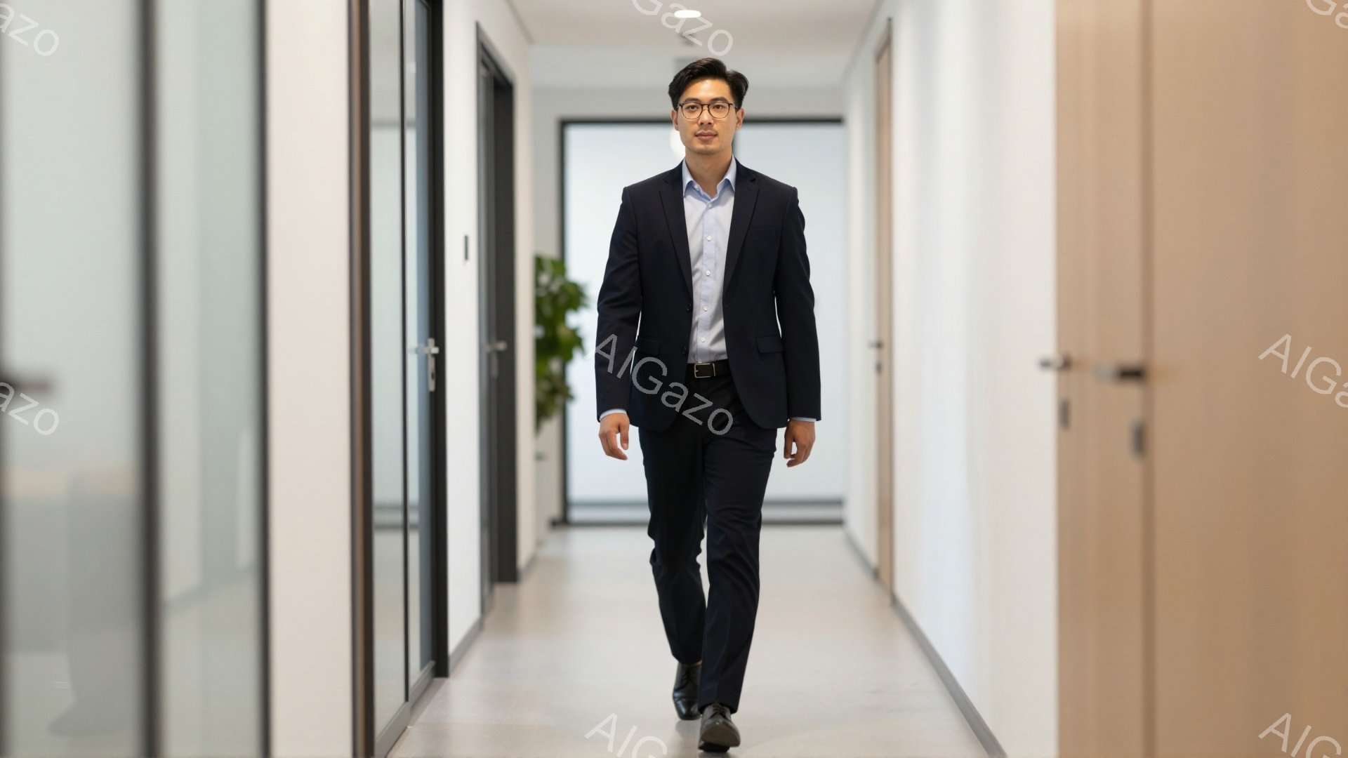 スーツに身を包んだ男性が、オフィス内の廊下を正面に向かって歩いている。彼は黒いジャケット、水色のシャツ、黒いズボンを着用し、黒い革靴を履いている。彼の髪型は短髪で、顔つきは落ち着いており、自信に満ちた表情をしている。