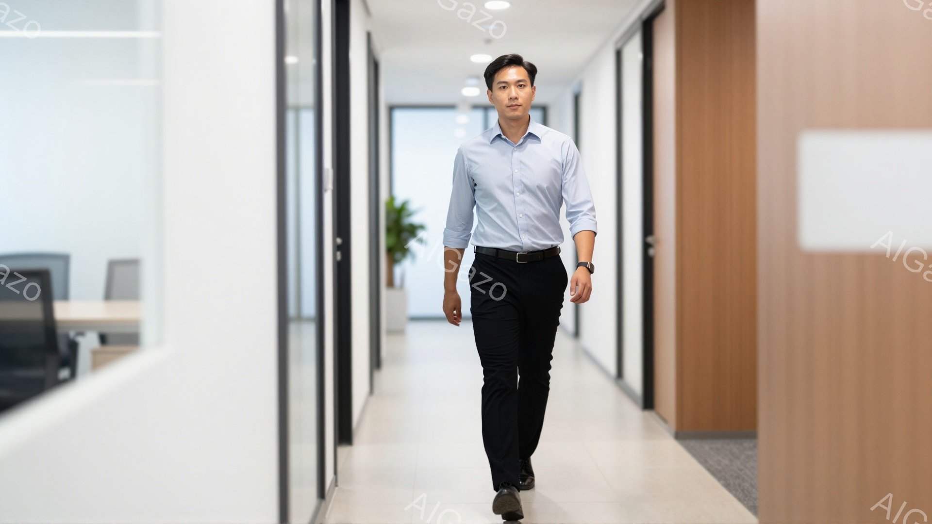 紺色のシャツと黒いズボンを着用した男性が、オフィス内の廊下をまっすぐ歩いている。彼は短髪で、表情は落ち着いており、ビジネスマンらしい洗練された雰囲気を醸し出している。廊下は白と木目を基調としたモダンなデザインで、明るく清潔感がある。