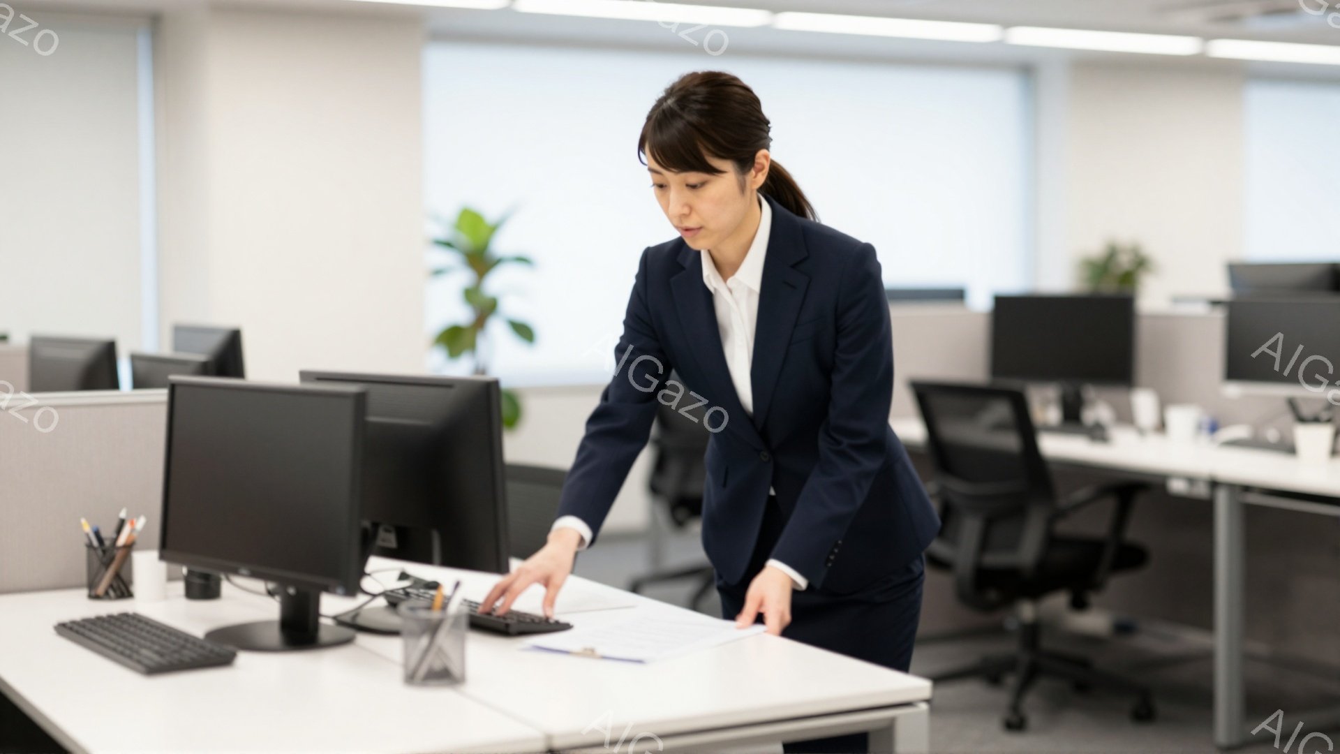画像には、オフィスで書類に触れている女性が写っています。彼女は紺色のスーツと白いシャツを着ており、髪は後ろでまとめています。オフィスは明るく清潔で、他のデスクや椅子が見え、全体的にビジネスライクでプロフェッショナルな雰囲気が漂っています。