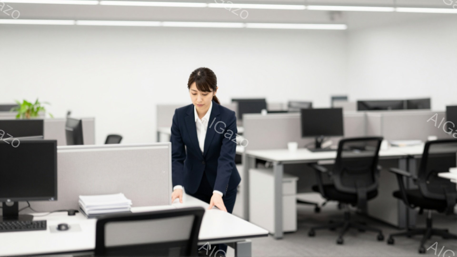 黒髪を後ろでまとめた女性が、オフィスで書類を手にしている。彼女は紺色のジャケットと白いシャツを着ており、真剣な表情で書類を見下ろしている。背景には、整然と並んだオフィスデスクと椅子が広がり、清潔感のある落ち着いた雰囲気が漂っている。