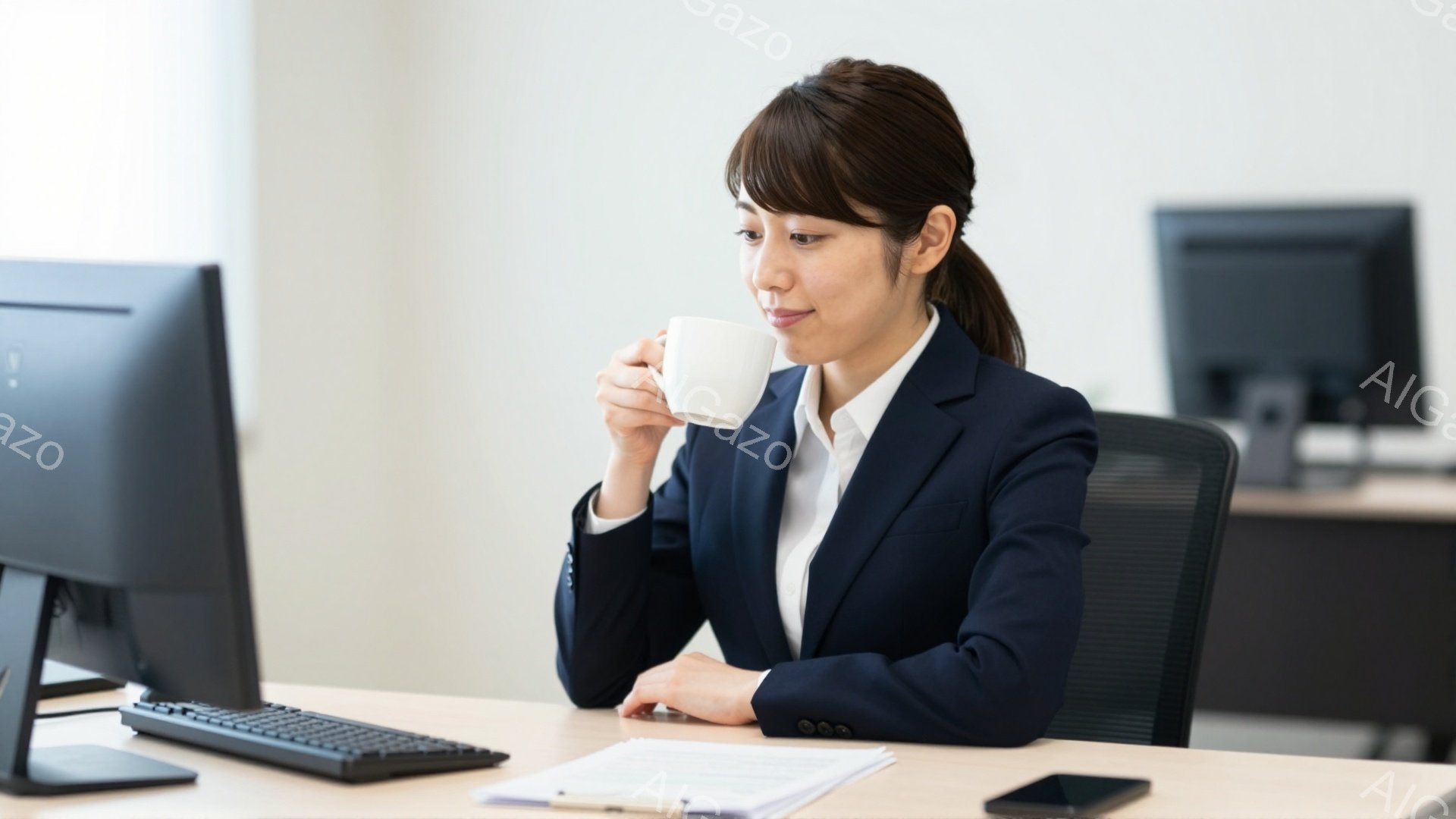 紺色のスーツに身を包んだ女性が、オフィスでコーヒーカップを手に持っている。彼女は椅子に座り、パソコンに向かって少し微笑んでいる。背景には他のパソコンや書類がぼやけて写っており、清潔感のあるオフィス空間が広がっている。