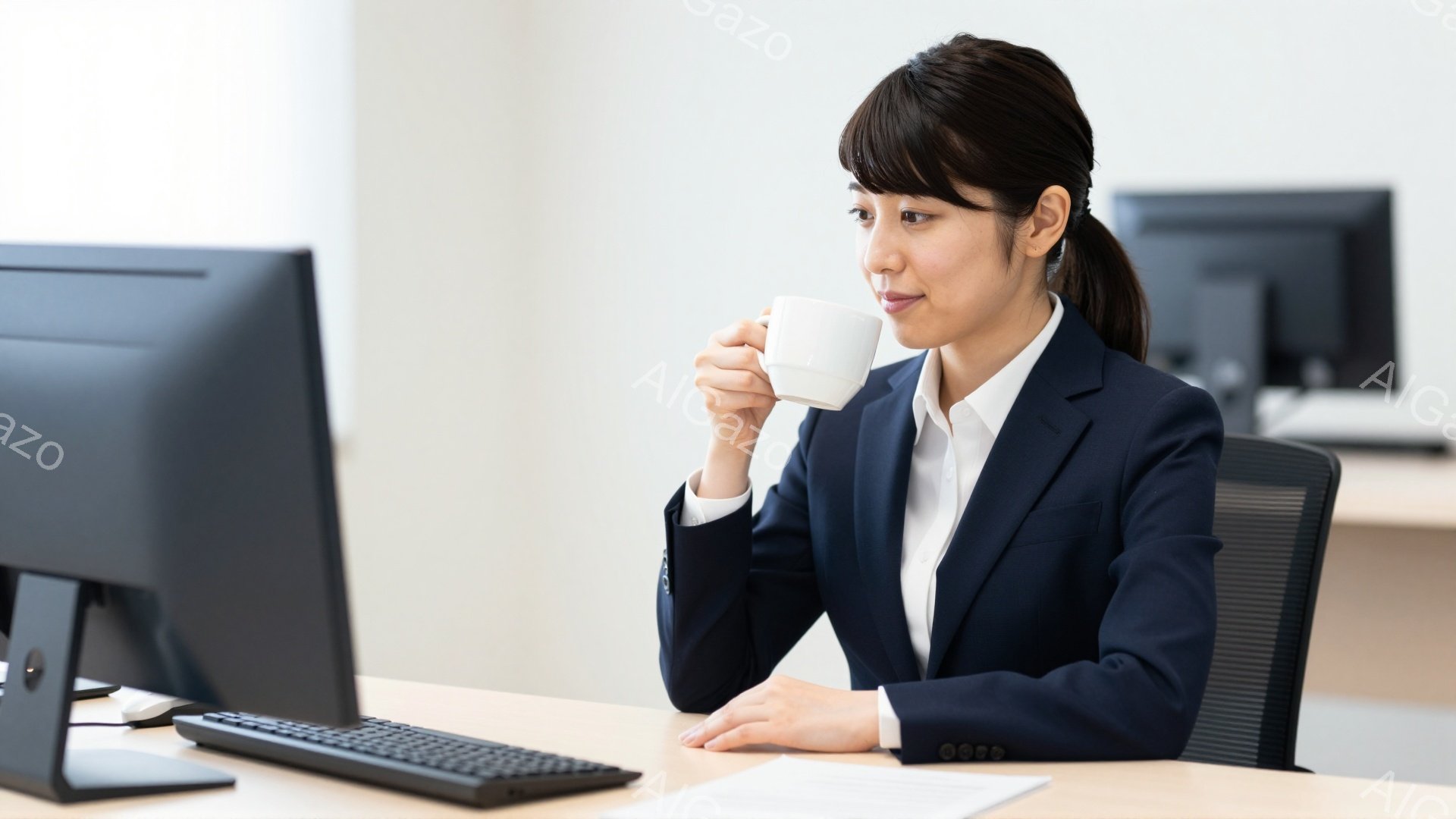 一人の女性がオフィスでコンピュータに向かい、コーヒーカップを手に持っています。彼女は紺色のスーツに白いシャツを着ており、髪は後ろで一つに結ばれています。穏やかな表情で、リラックスした姿勢でコーヒーを飲んでいます。
