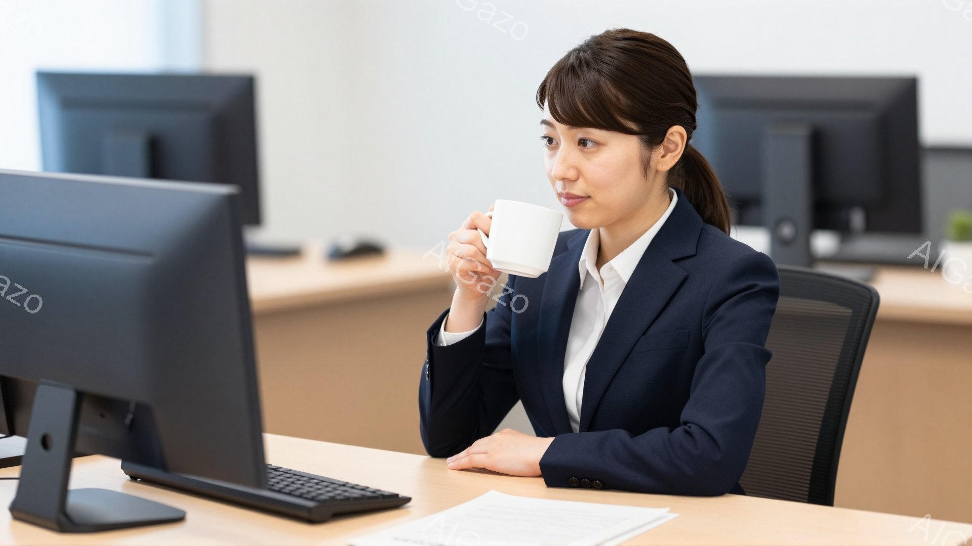 スーツを着た女性がオフィスでパソコンの前に座り、マグカップを手に持っています。彼女は黒髪を後ろでまとめたヘアスタイルで、わずかに微笑んでいるように見えます。背景には他のパソコンやオフィス家具が見え、全体的に落ち着いた雰囲気です。