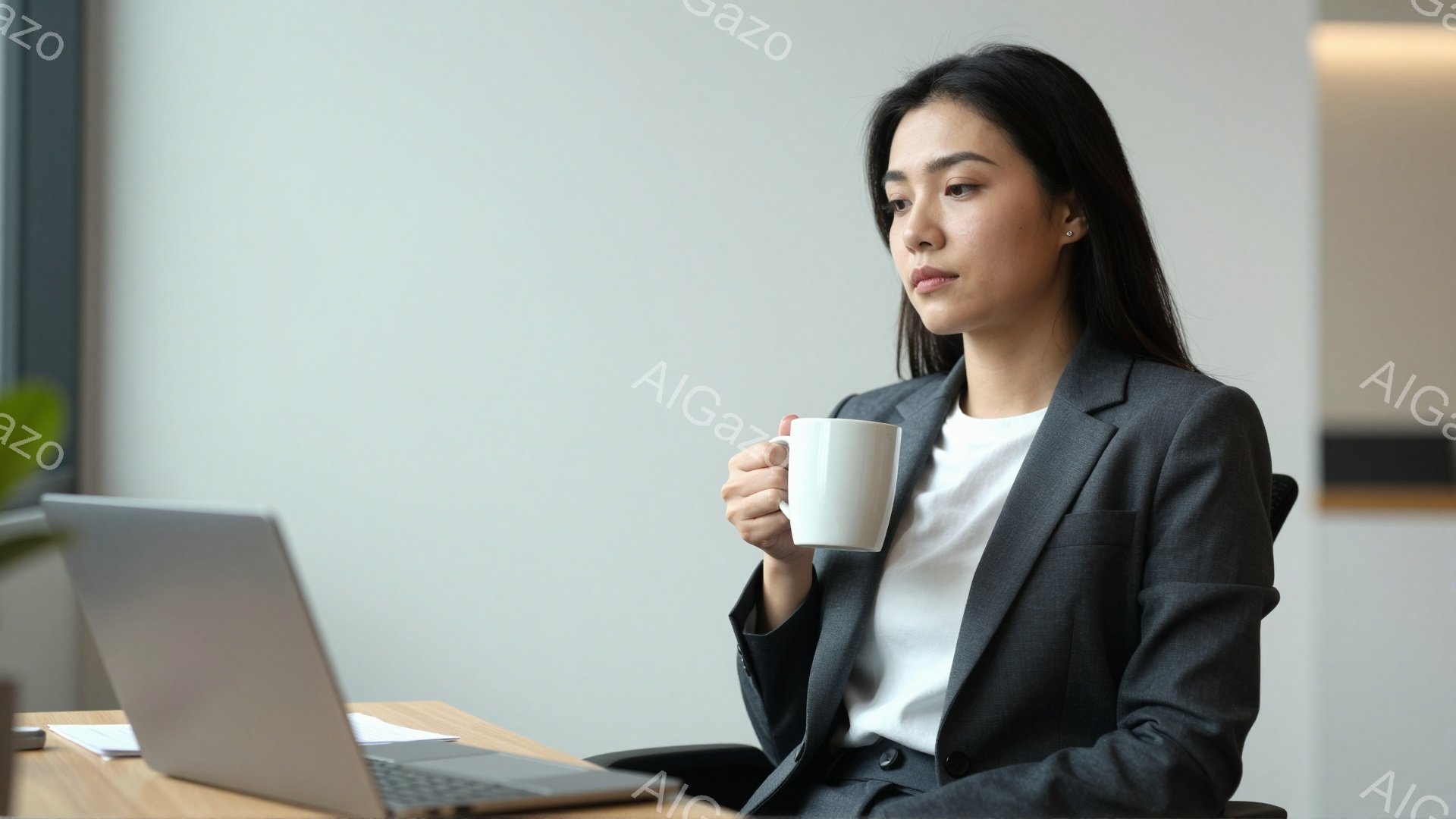 一人の女性が、明るいオフィスで椅子に座り、ノートパソコンに向かっています。彼女は灰色のスーツに白いシャツを着ており、長い黒髪は背中に垂れています。リラックスした表情でコーヒーカップを手に持ち、何か考え込んでいるような様子です。
