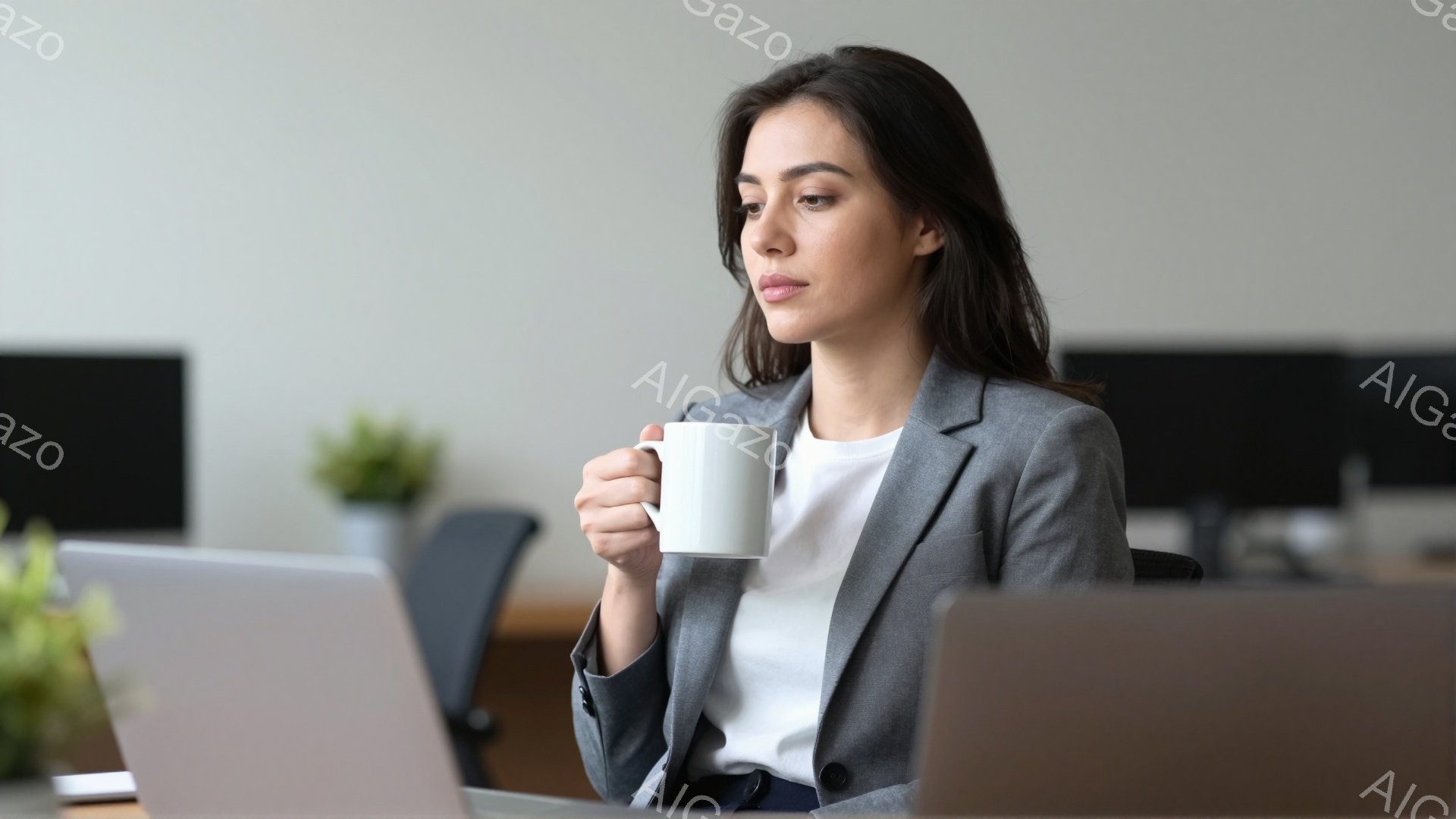 オフィスで働く若い女性が描かれています。彼女は白いブラウスにグレーのジャケットを着て、片手に白いマグカップを持ち、考え込んでいるような表情をしています。背景には、他のデスクや植物が見え、モダンで落ち着いた雰囲気のオフィス空間であることがわかります。