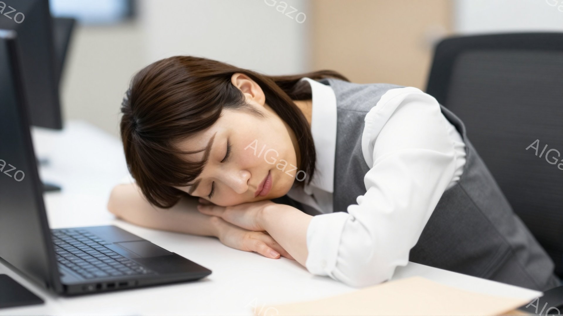 女性はオフィスで机に突っ伏し、眠っている様子だ。グレーのベストと白いシャツを着ており、髪は肩まで届く長さで、前髪が目にかかっている。背景にはモニターやオフィス家具が見え、明るい室内で疲労困憊した雰囲気が漂っている。