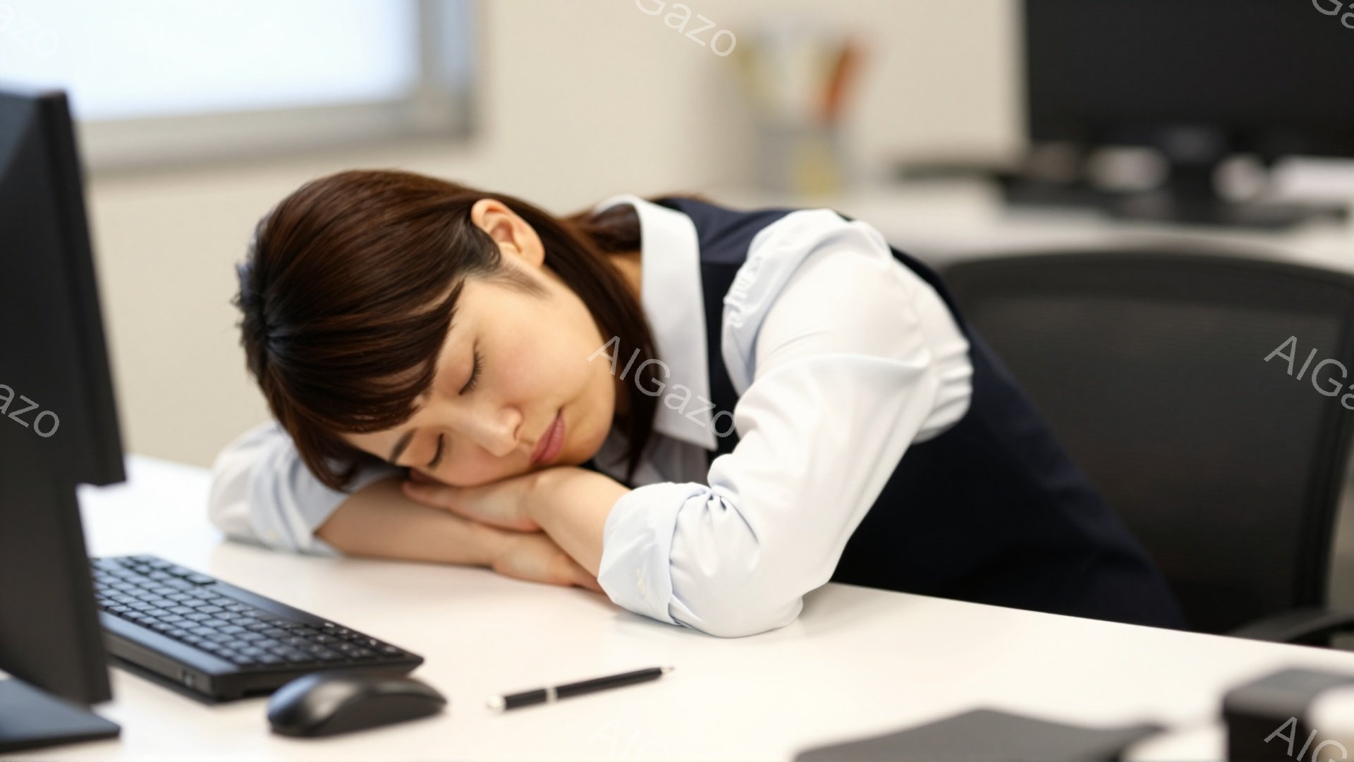 画像には、オフィスで机に突っ伏している若い女性が写っています。彼女は白いシャツと濃い色のベストを着ており、前髪を下ろしたダークブラウンの髪をしています。彼女の顔は腕の上で隠れていて、疲労困憊している様子が伺えます。