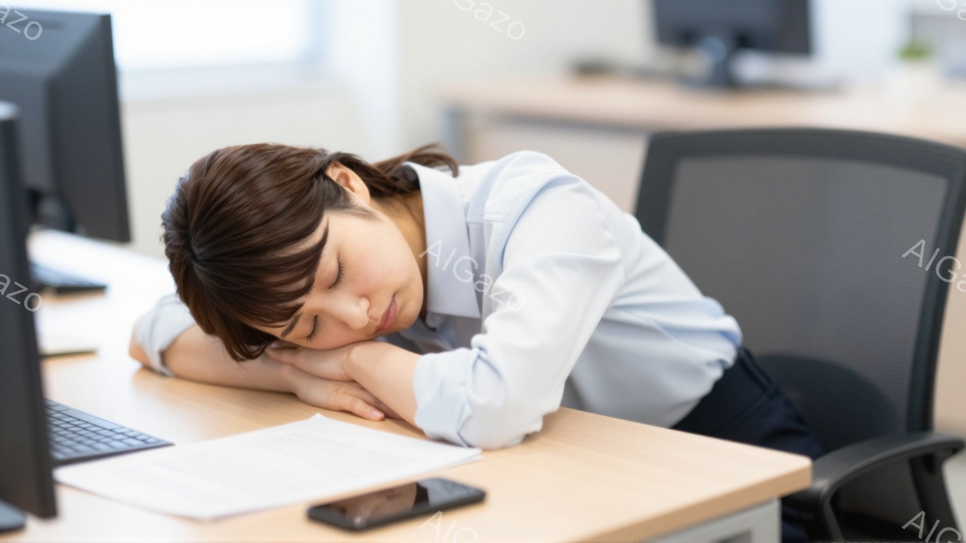 彼女はオフィスでデスクに突っ伏して眠っています。青いシャツと黒いズボンを着用し、髪は後ろで一つに結ばれています。周囲には他のデスクとコンピューターが見え、オフィス内の静かで疲れた雰囲気が伝わってきます。
