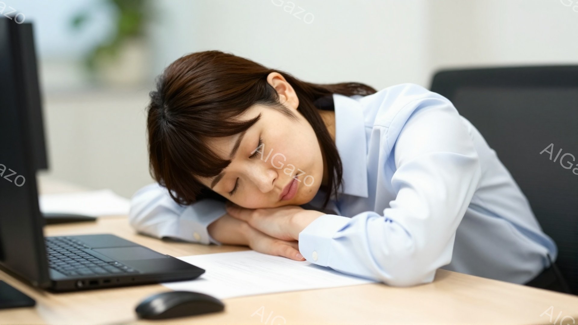 女性はオフィスで机に突っ伏して眠っています。青いシャツを着ており、髪は後ろで一つに結ばれています。彼女の顔はリラックスしており、疲れている様子がうかがえます。