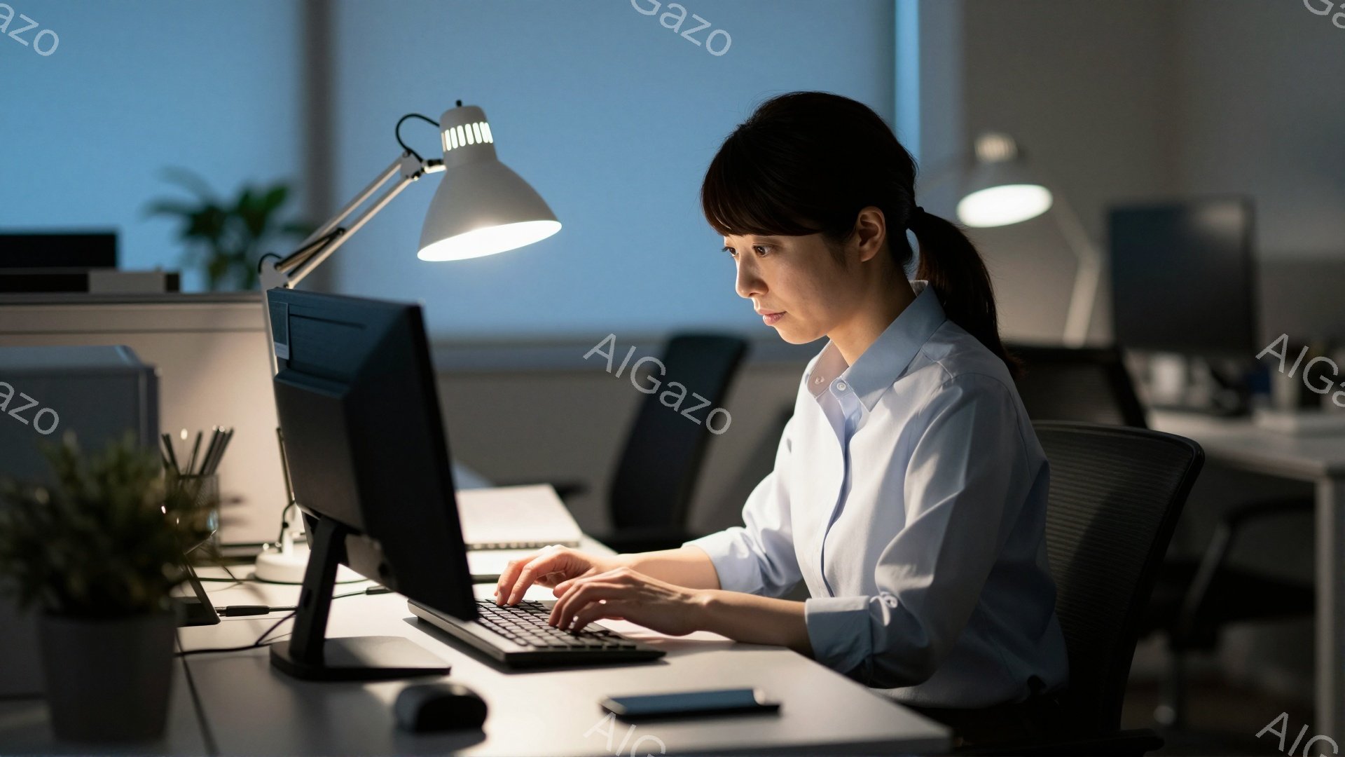 女性はオフィスでパソコンに向かってタイピングしている。白いシャツを着ており、髪は後ろで一つにまとめている。集中した表情で、夜遅くまで仕事をしている雰囲気で、オフィスは薄暗く、一部のデスクのみがライトで照らされている。