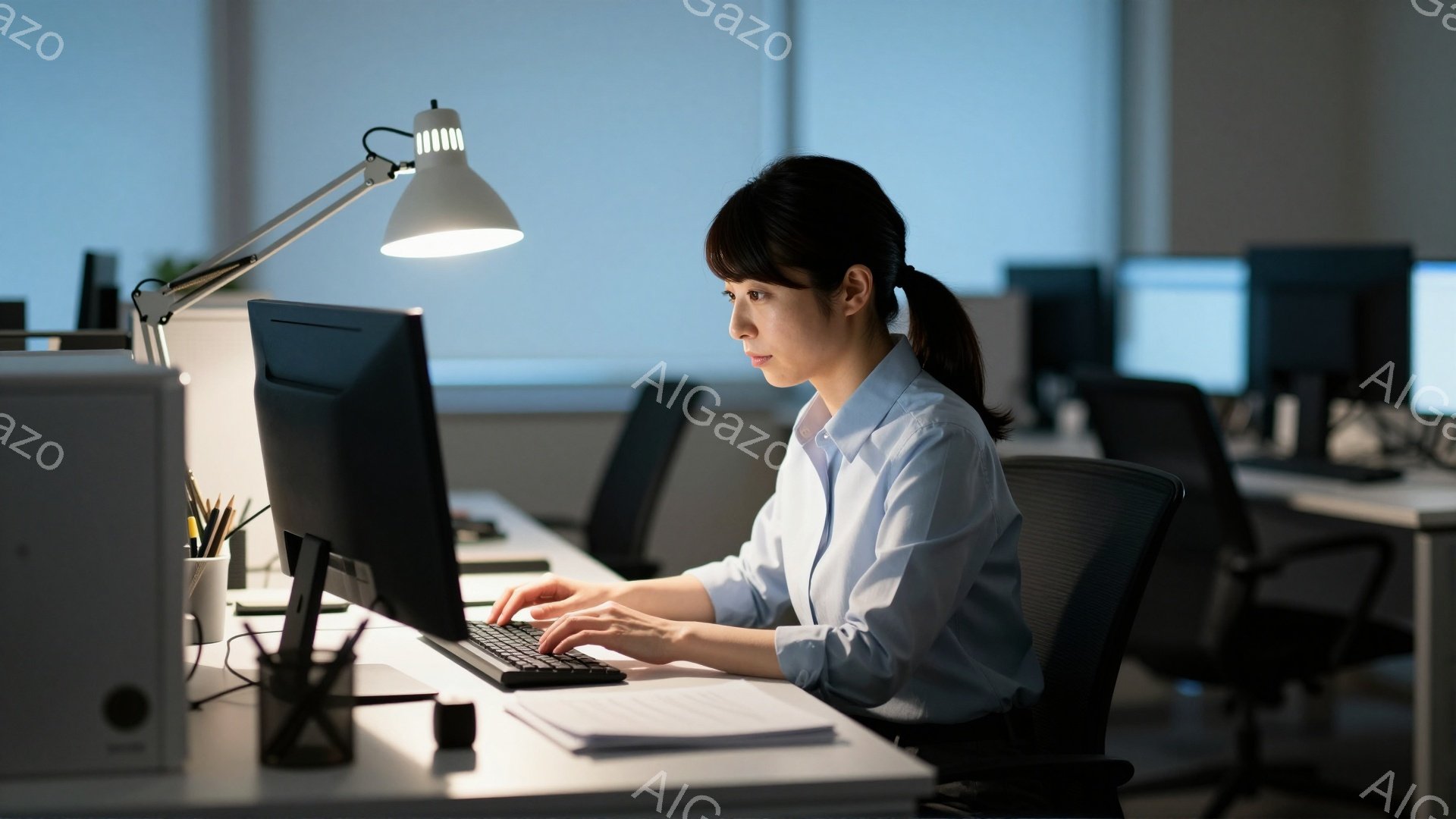 一人の女性がオフィスでパソコンに向かって作業している。彼女は白いシャツを着ており、髪は後ろで一つにまとめている。彼女は集中した表情でキーボードを叩いており、周りには他のデスクとパソコンが見え、オフィスは薄暗く静かな雰囲気である。