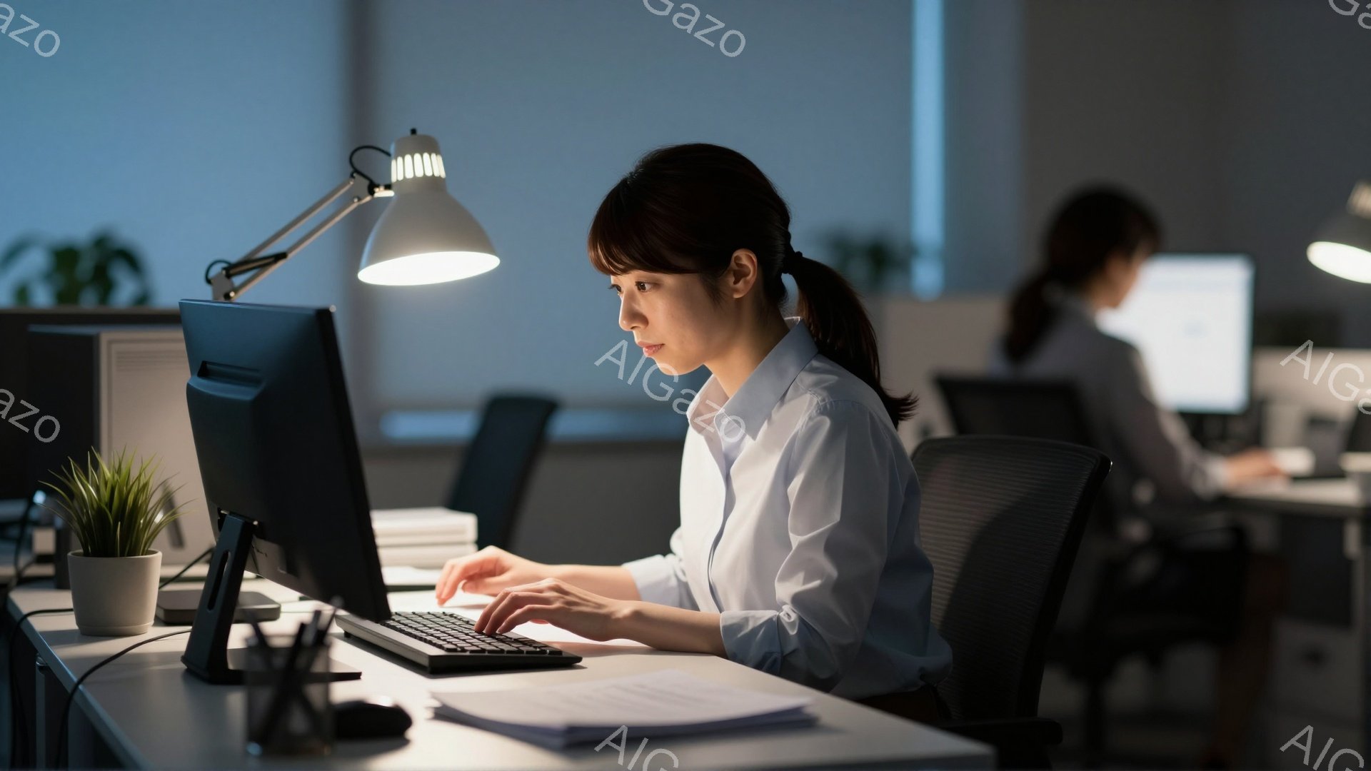 オフィスで女性がパソコンに向かって作業している様子が写っている。白いシャツを着て髪を後ろで束ね、集中した表情でキーボードを打っている。背景には他の従業員もおり、オフィス全体が夜間に照明で照らされた静かで落ち着いた雰囲気である。