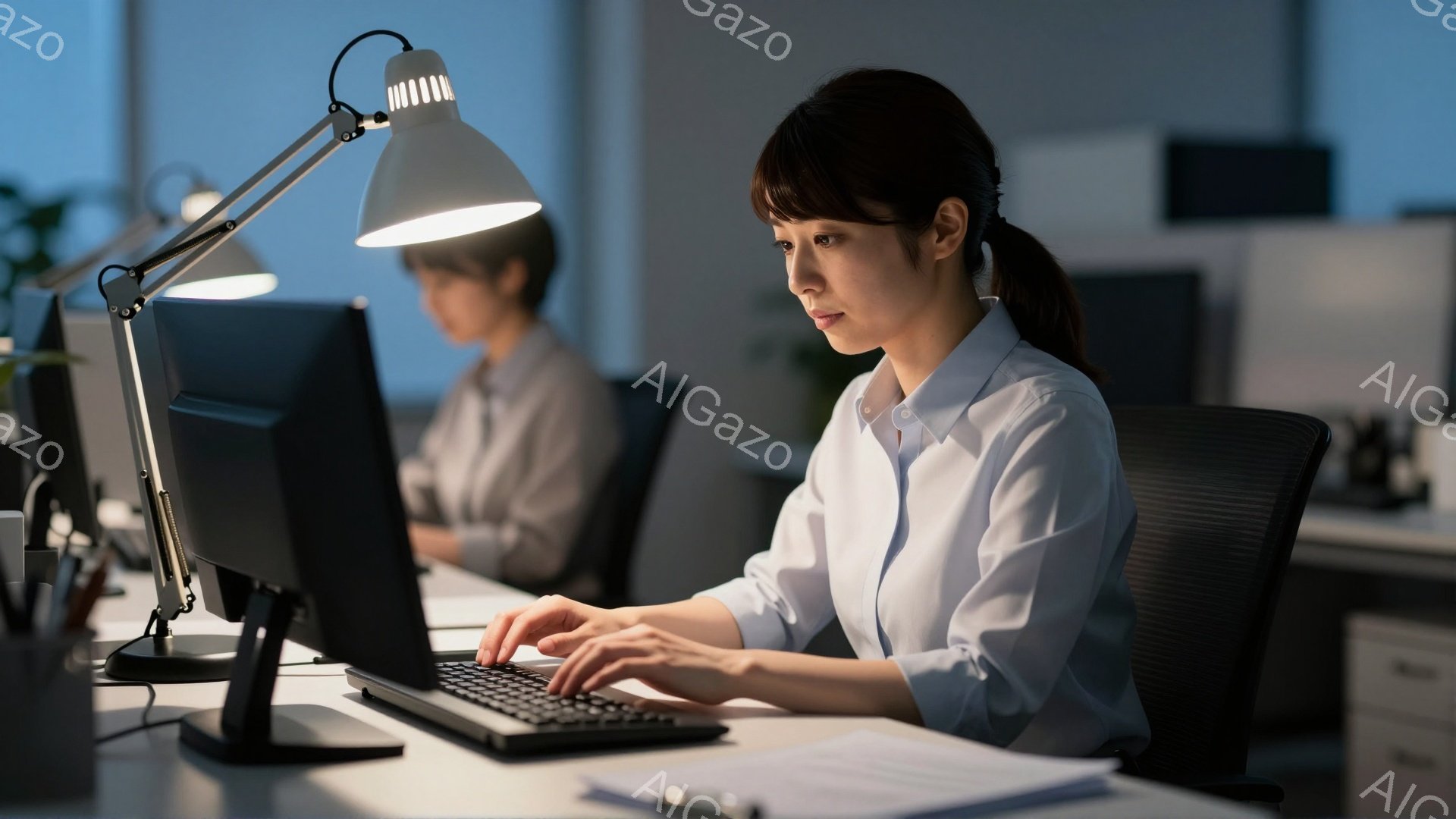 オフィスで女性がパソコンに向かって作業している様子が描かれています。彼女は白いシャツを着て髪を後ろで束ね、集中した表情でキーボードを操作しています。背景には他の従業員がぼんやりと見え、デスク上には書類 - AI生成フリー素材