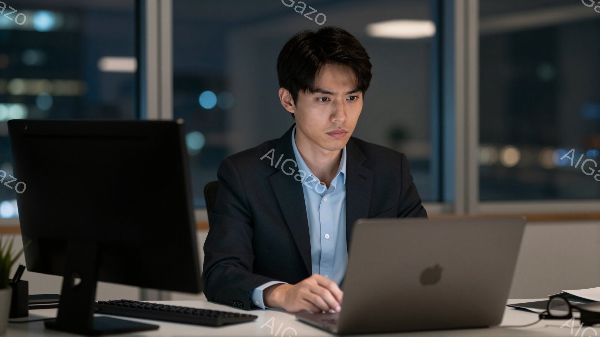 スーツとライトブルーのシャツを着た若い男性が、ノートパソコンに向かって集中してキーボードを操作している。彼は真剣な表情で、少し前かがみの姿勢でパソコンを見つめている。背景には、夜景が見えるオフィスらしき場所で、暗い室内にはパソコンのモニターの光が映り込んでいる。
